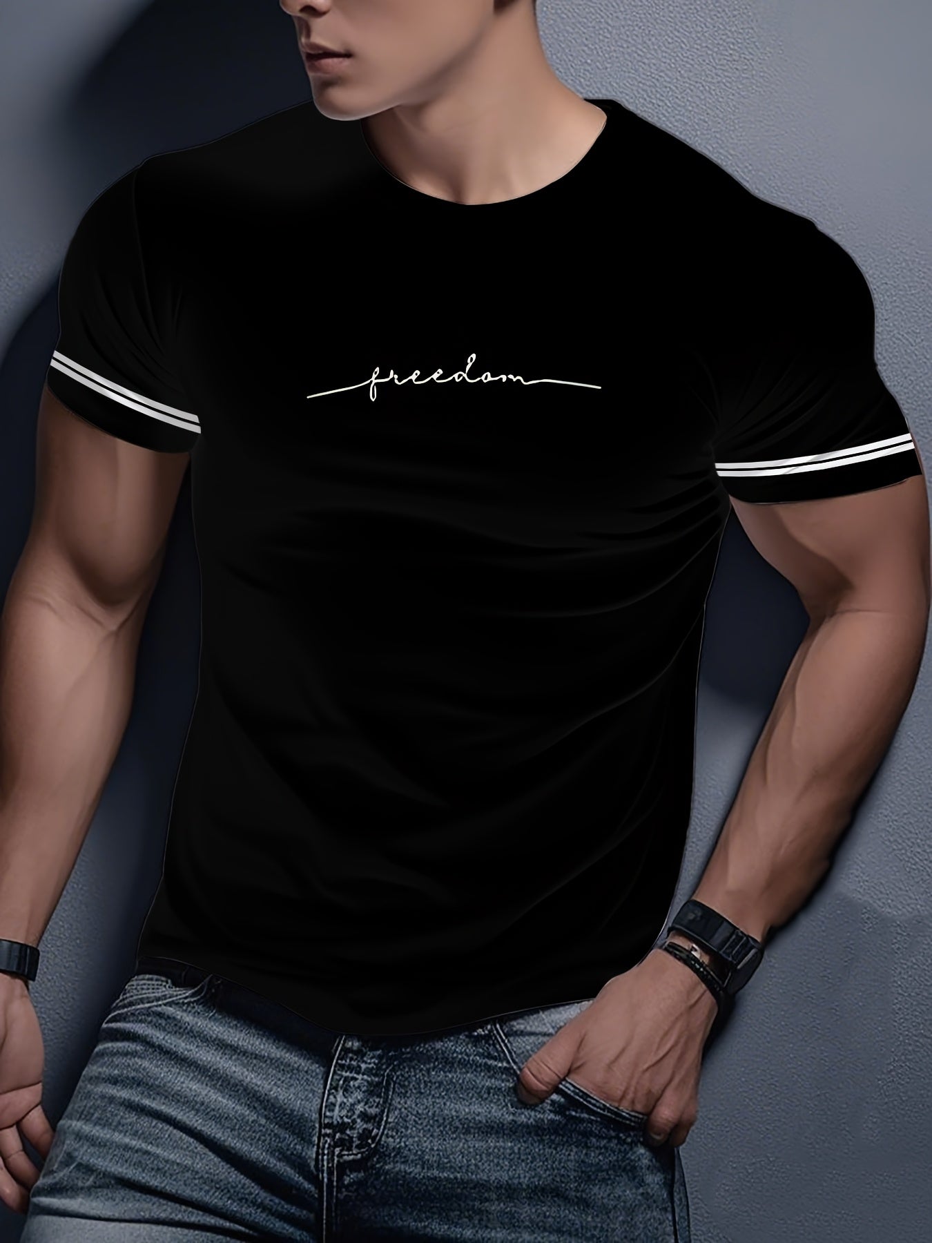 Men'S "Freedom" Graphic T-Shirt - Black Casual Crew Neck Tee with White Stripes, Breathable Polyester Blend, Regular Fit for Casual Attire, Everyday Tshirt | Bold Print Tee | Comfortable Fit, Knit