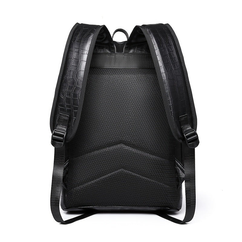 Unisex Backpack with Crocodile Texture, Large Capacity, Anti-Theft, Multi-Compartment, Fits 14-inch Laptop, Casual Travel & Business Commute, Minimalist Style, No Battery - Black
