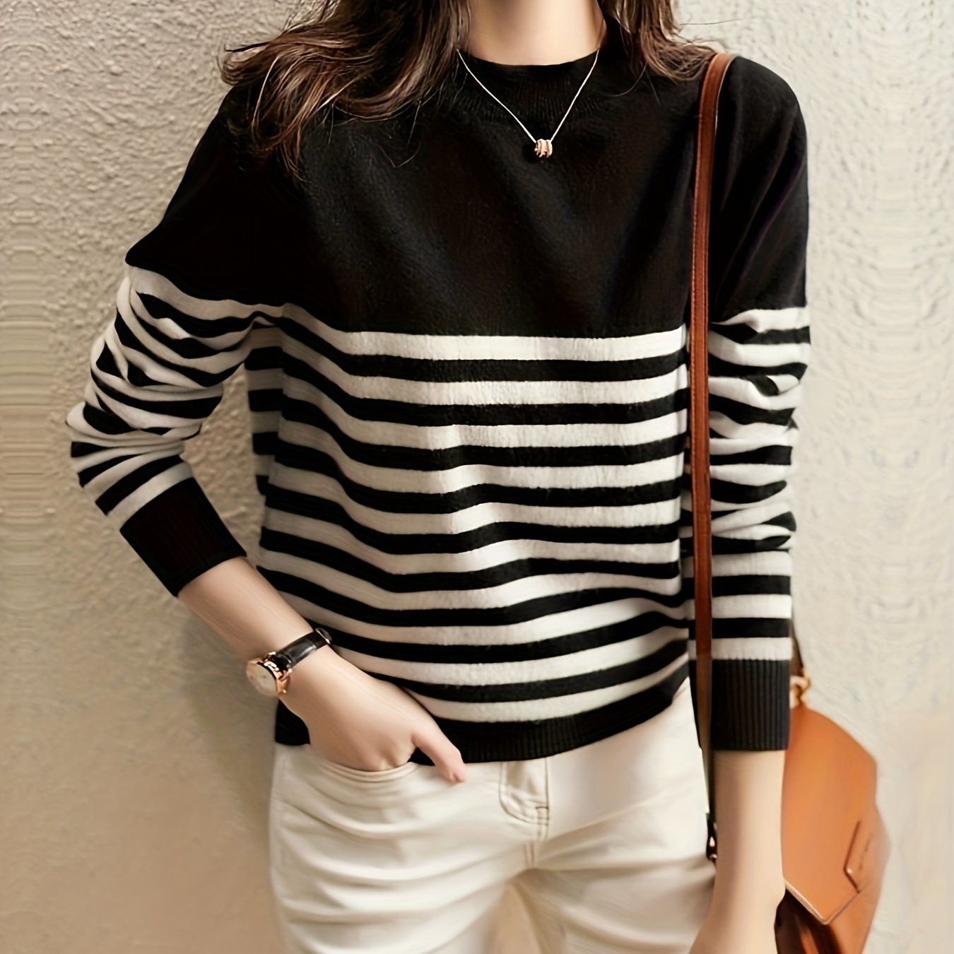 Striped Crew Neck Pullover Sweater, Casual Long Sleeve Versatile Sweater, Women's Clothing