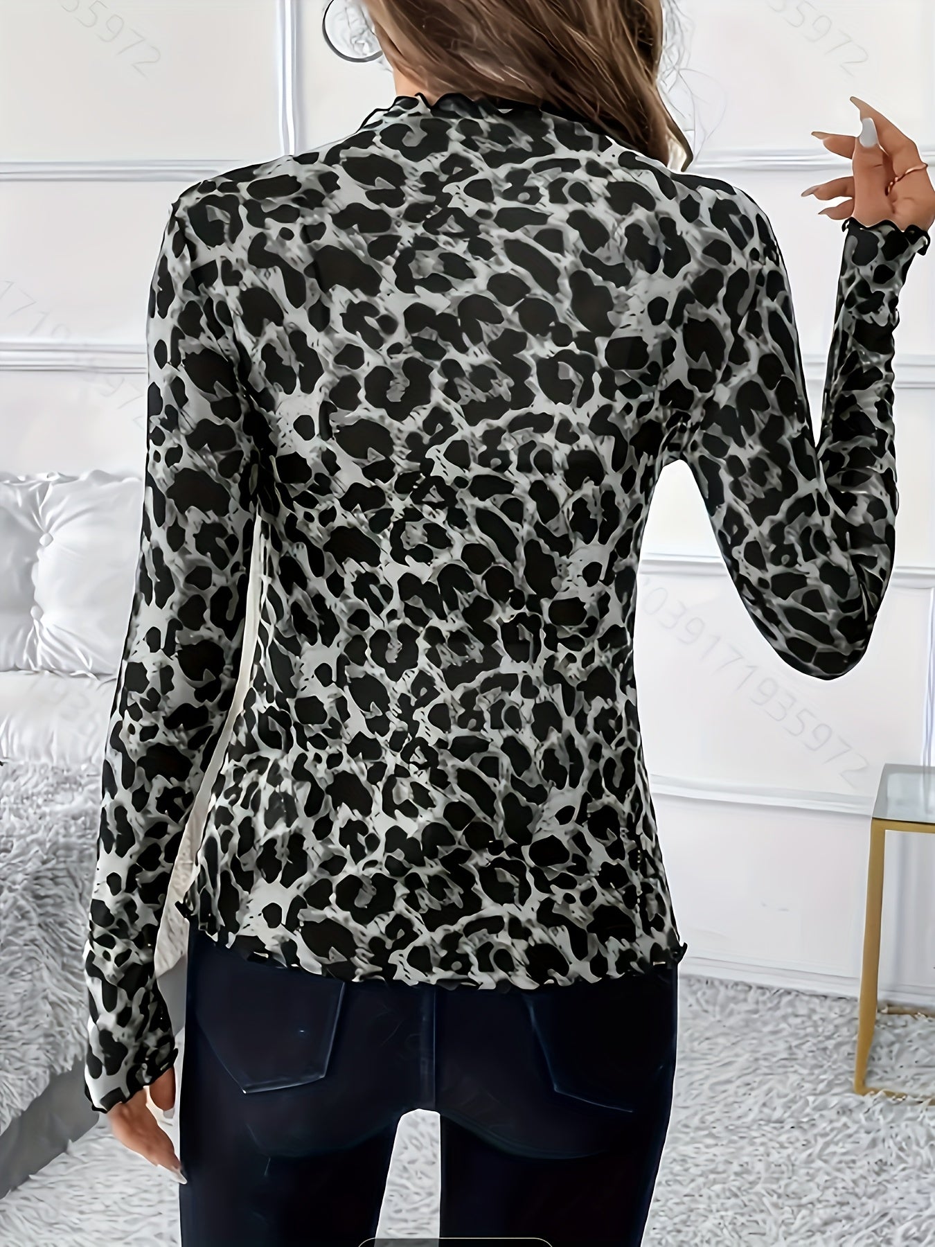 Women'S Elegant Leopard Print Long Sleeve T-Shirt - Stretchy Polyester Blend, Semi-High Neck, Ruffled Hem, Machine Washable, Spring/Summer/Fall Top, Casual Wear|Ruffled Hem Top|Stretchy Fabric