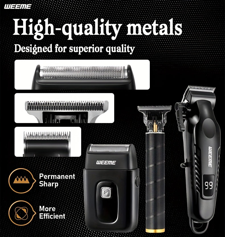WEEME Men'S Grooming Three-Piece Set Multifunctional Electric Clipper Trimmer with Alloy Stainless Steel Blade Three-Speed Adjustment USB Fast Charging LCD Power Display Ultra-Long Battery Life Essential for Home Travel Car B