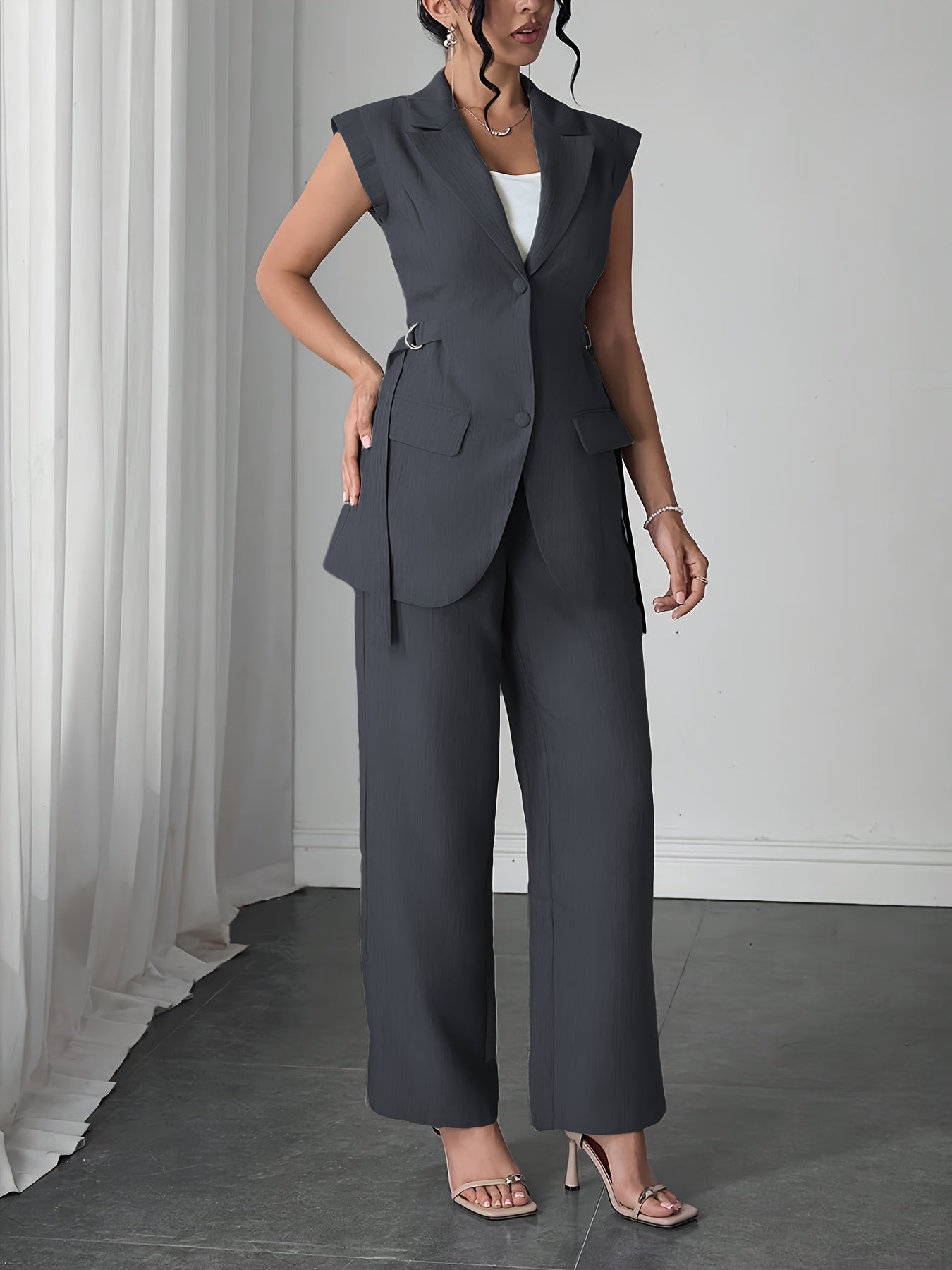 Stylish Women'S Elegant Modern Two-Piece Set with Side-Waist Design, Solid Color Sleeveless Jacket and Pants for Spring/Summer