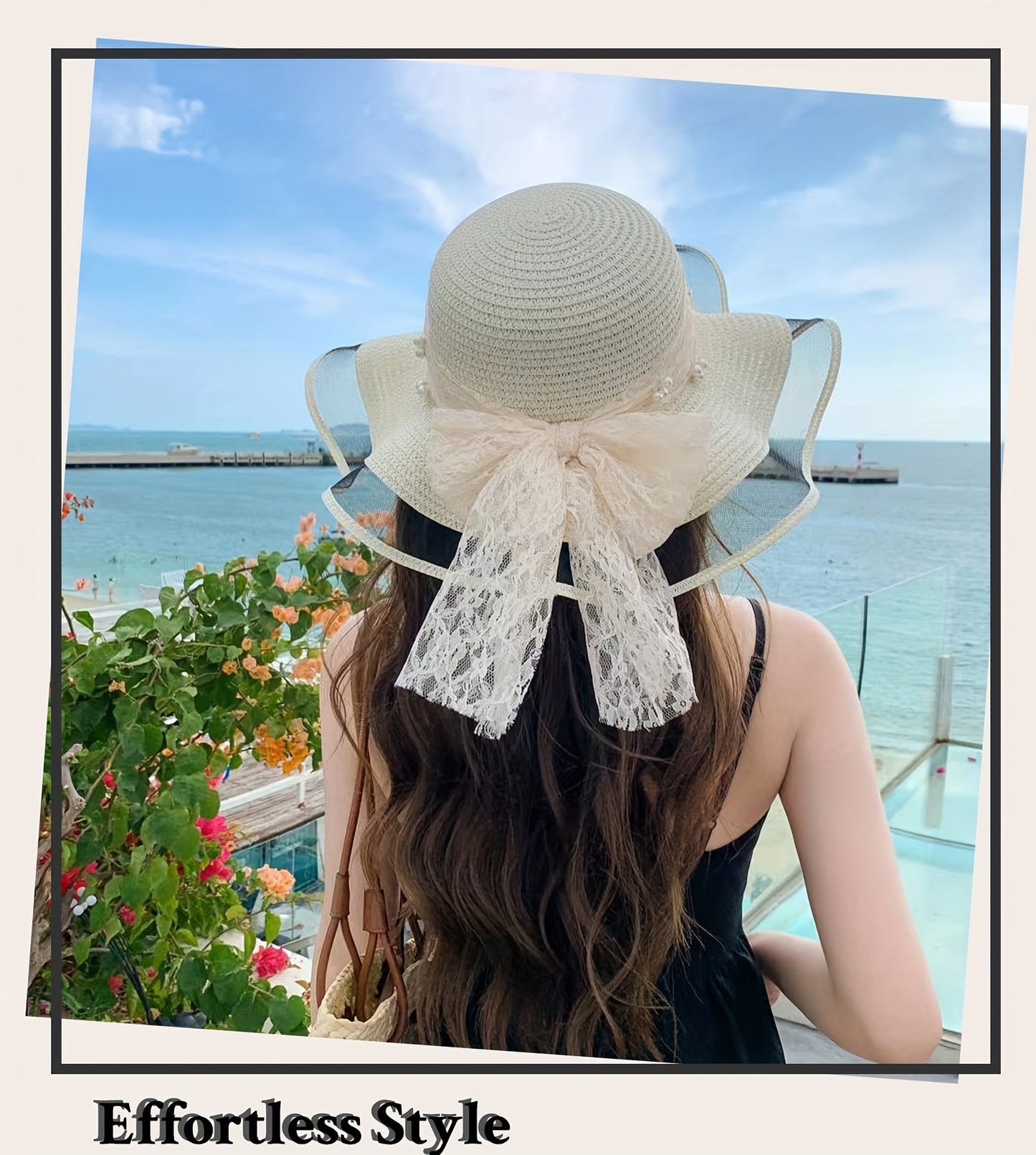 Women'S Elegant Straw Sun Hat with Lace Bow & Mesh Brim - Foldable, Breathable Beach Hat for Summer, Black Ruffled Sleeve Design, Perfect for & Stylish Outfits, Beach Accessories