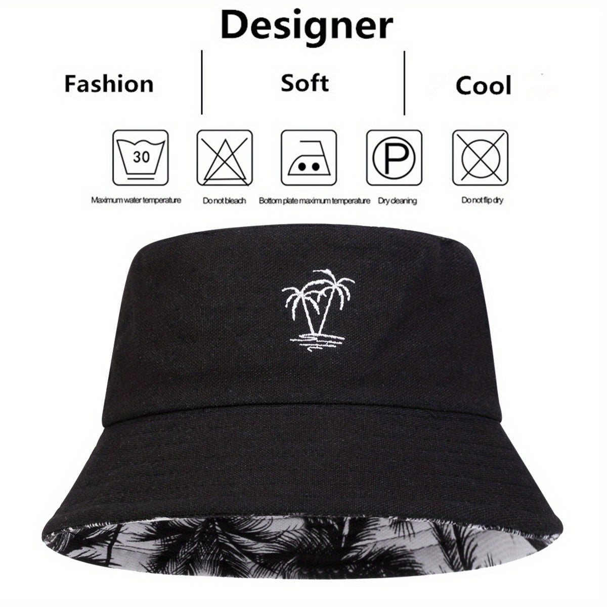 1pc Unisex Bucket Hat - Double-Sided Coconut Tree, Lightweight Fisherman Cap with Wide Brim, Elastic Fit for Beach, Travel, Everyday - Men & Women (Black/White/), Beach Hat, Travel Headwear, Detail