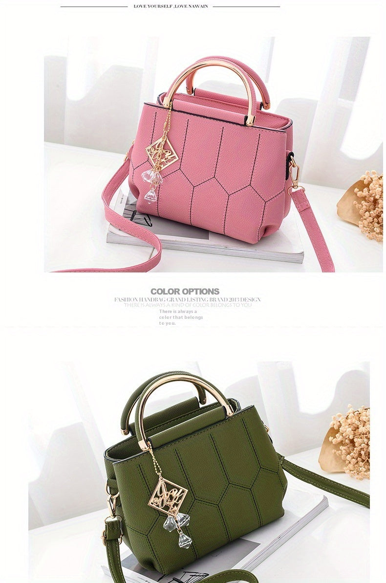 2025 New Women's Geometric Hexagon Pattern Crossbody Bag with Adjustable Strap & Golden-Tone Hardware - Zipper Closure, Polyester Lining, Multiple Colors (Khaki/Dark Gray/White/Pink/Red/Black) - Versatile for Casual & Formal