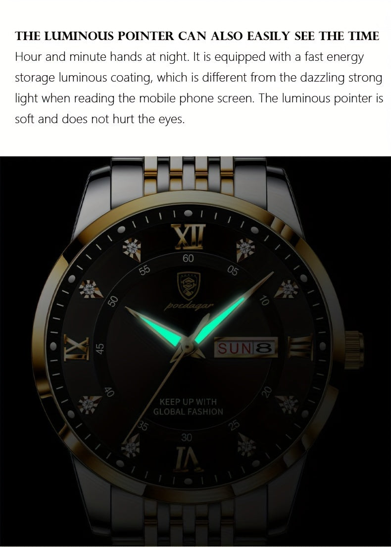 POEDAGAR Classic Men'S Stainless Steel Quartz Watch, IPX8 Luminous Weekly Calendar Watch for Men, Perfect Gift Option, Suitable for Women