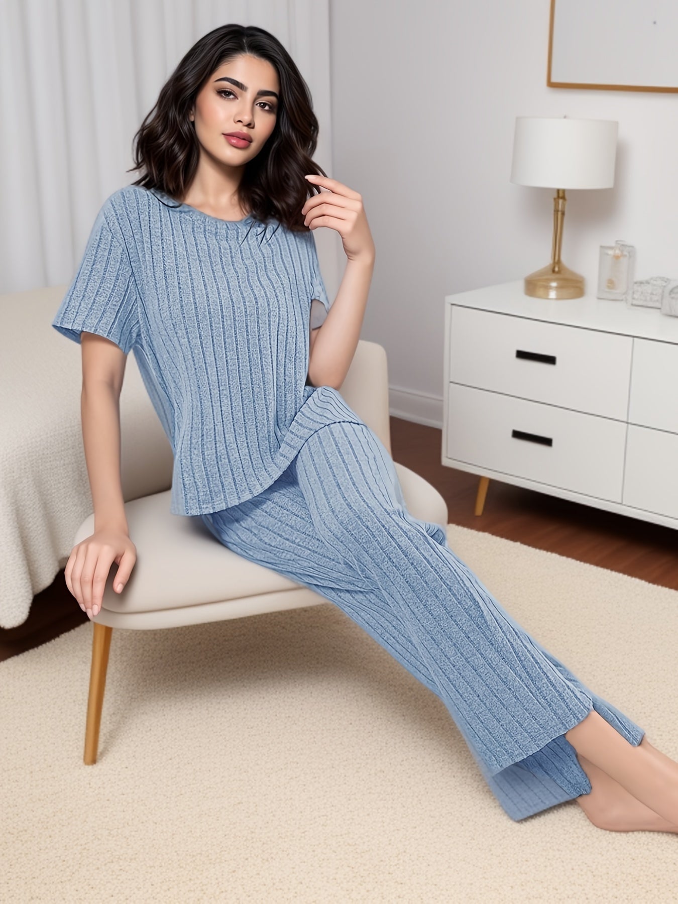 Women's Solid Ribbed Elegant Loose Fit Lounge Set, Short Sleeve Round Neck Top & Pants, Comfortable Relaxed Fit