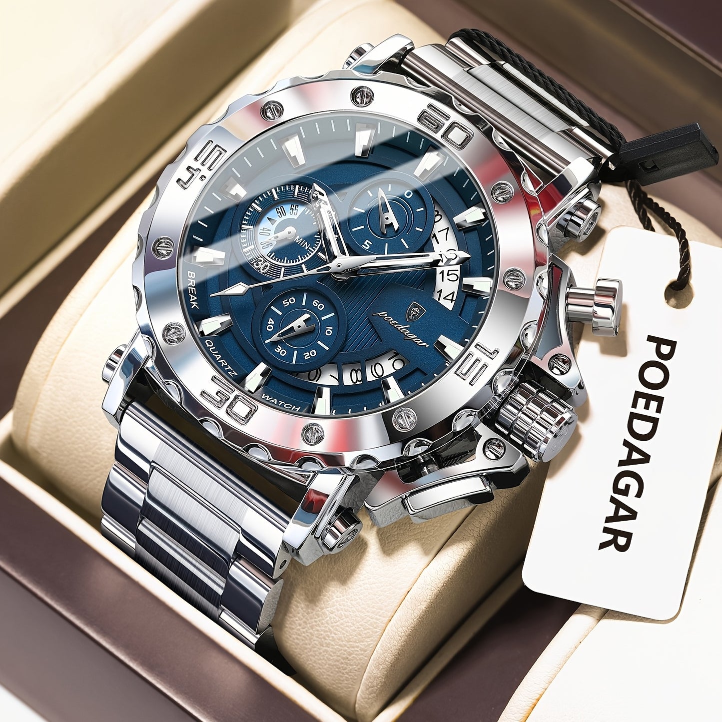 POEDAGAR Men'S Luxury Stainless Steel Business Watch with Date Display, 3ATM Blue Dial, Rotating Bezel, Alloy Case, Quartz Movement - Elegant Formal Accessory, Formal Accessory|Luxurious Watch|Quartz Movement Watch