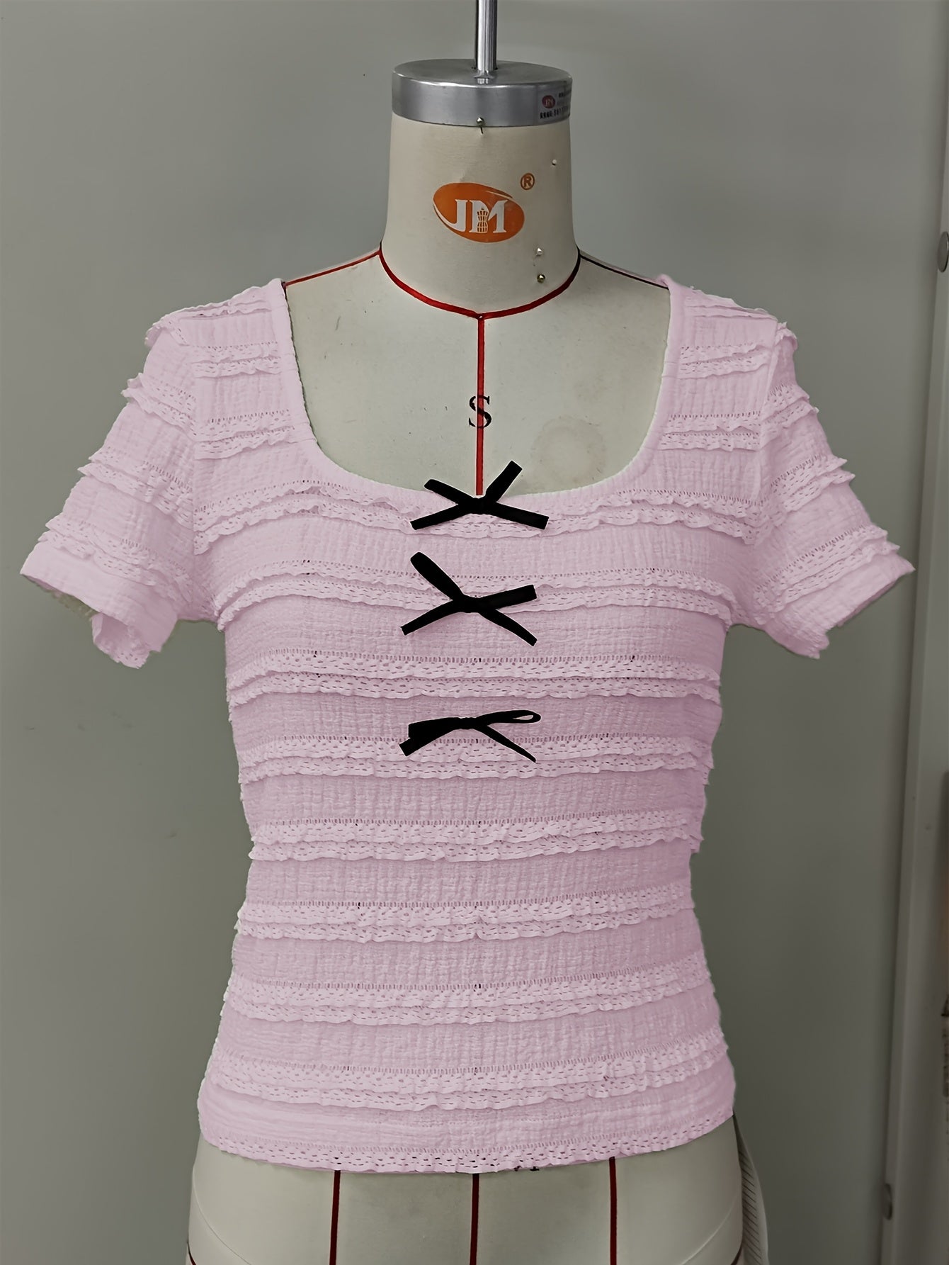 Women'S Elegant Ruffle Trim Short Sleeve T-Shirt with Front Bow Detail - Lightweight Casual Beach Vacation Top, Solid Color, Spring/Summer Collection, Beach Vacation Top | Ruffle Trim Top | Lightweight Fabric