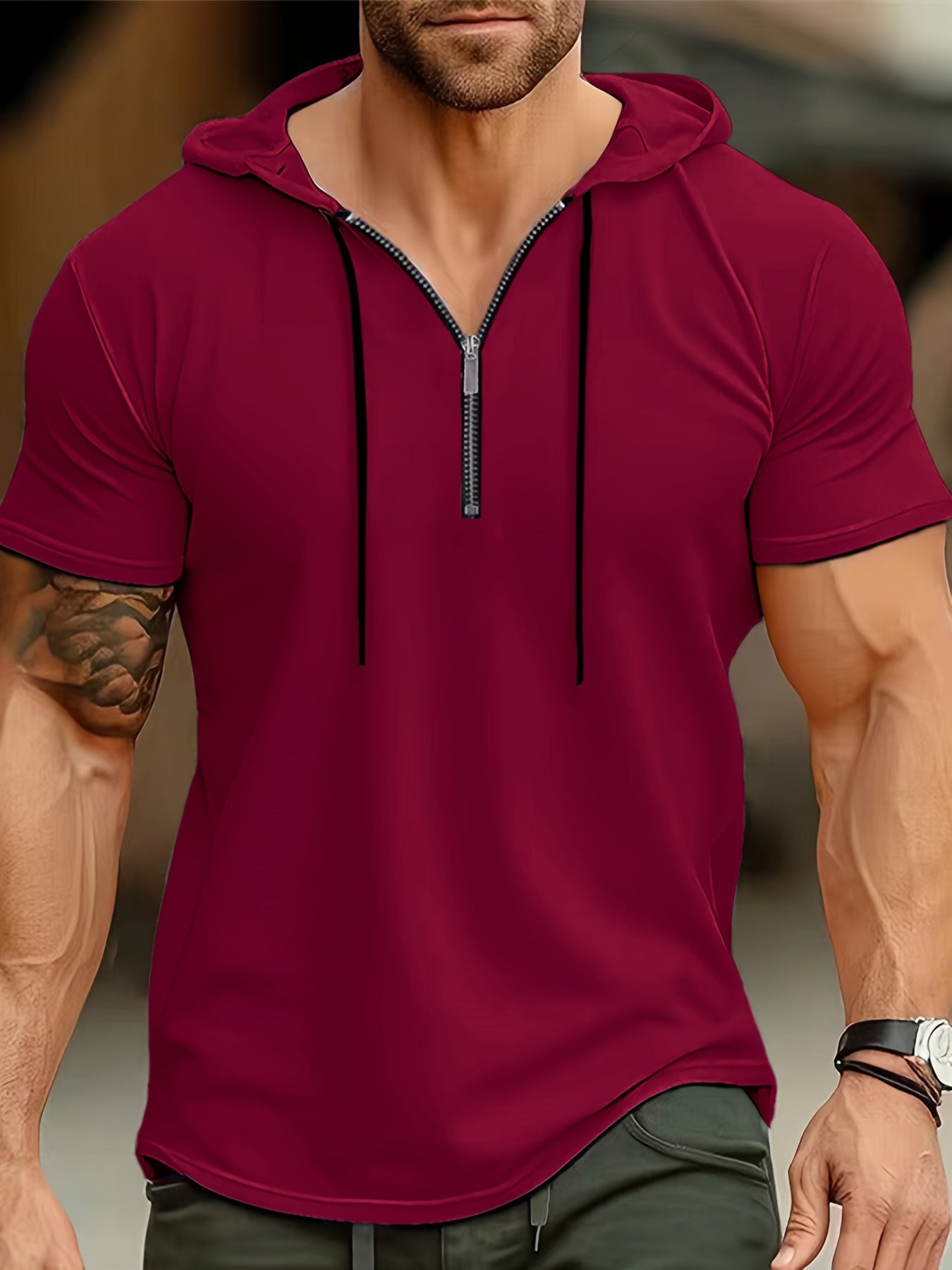 1pc Men's Light Blue Casual Hooded Short Sleeve T-Shirt with 1/4 Zipper, Breathable Stretch Fabric for Gym, Outdoor & Summer Wear, Gym Apparel, Stylish Contrast Detailing, Comfortable Fit