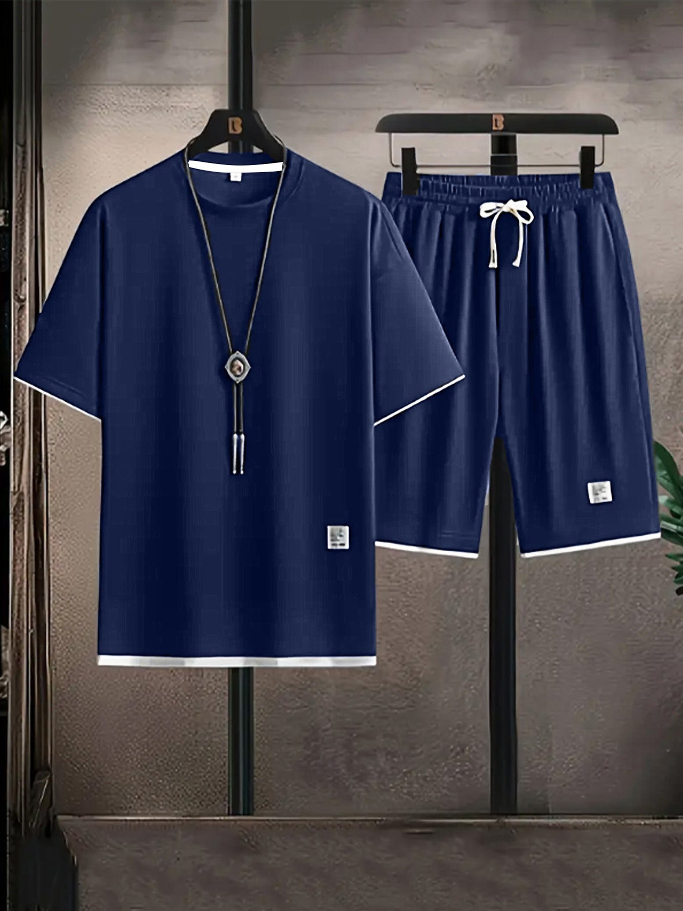 Waffle Grid Men's Trendy Round Neck T-shirt Breathable Casual Sports Suit Loose Two-Piece Set