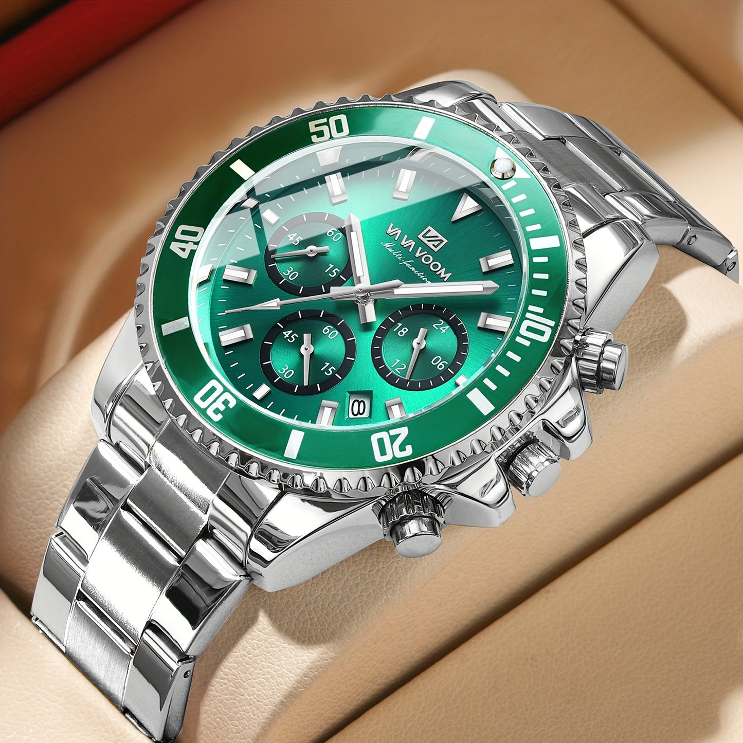 VA VA VOOM Men's Sport Watch with 3D Large Dial, Stainless Steel Band, 24Hr Chronograph, Dual Time, Calendar, Stopwatch & High Quality - Quartz Movement for Gym, Outdoor, Business Casual - Ideal Gift, Outdoor Timing Tool, Sle