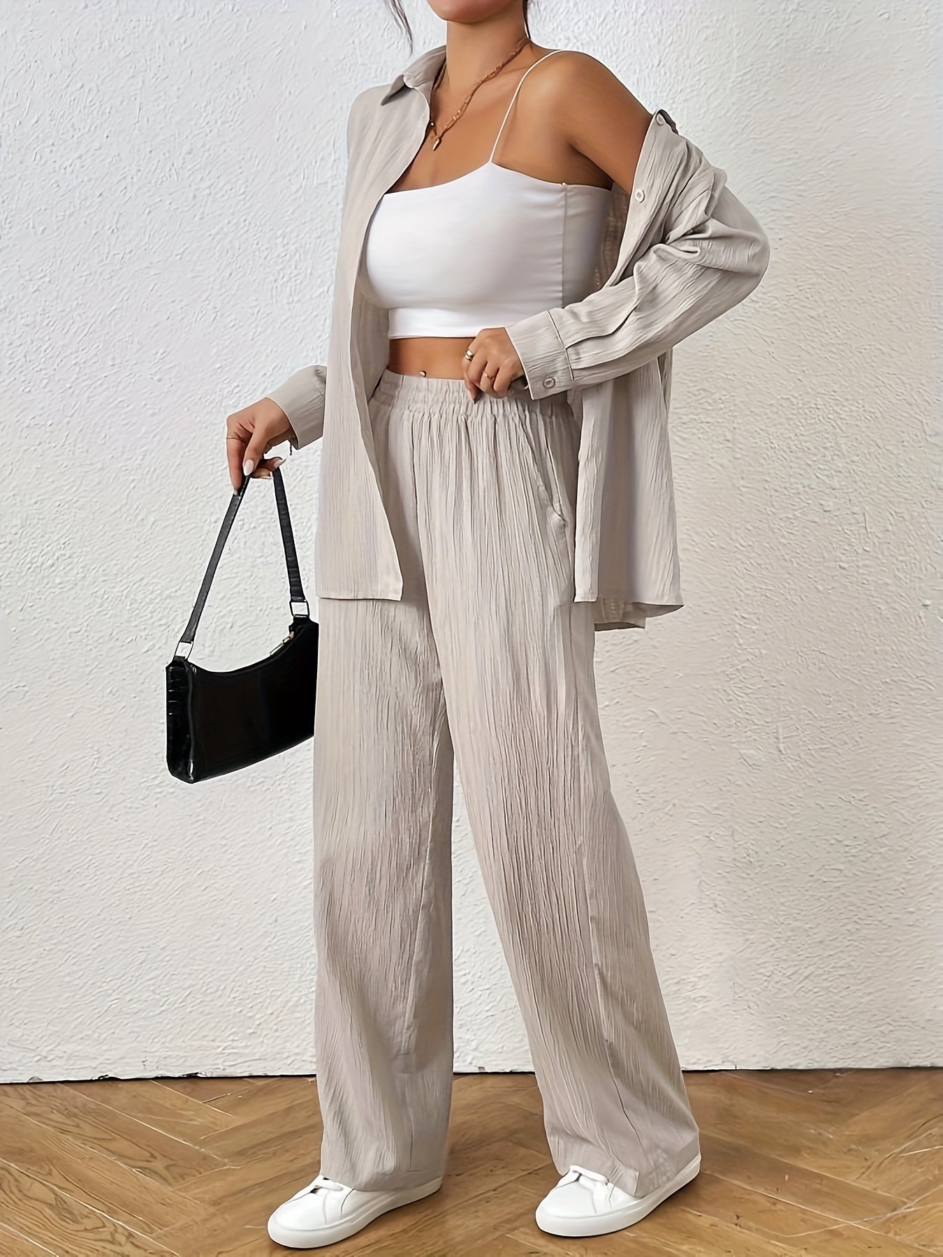 2pcs Women Spring & Autumn Casual Solid Color Long Sleeve Shirt And Pants Set
