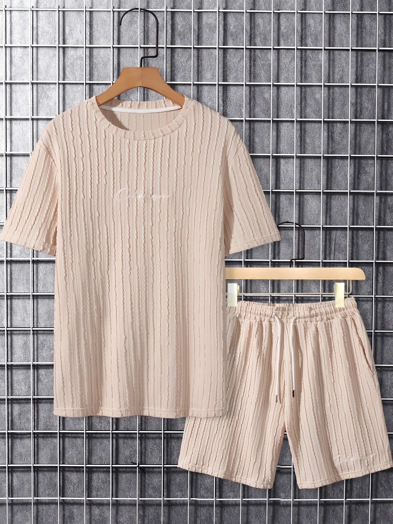 Men'S Casual Polyester Crew Neck Embroidered Alphabet Pattern Slight Stretch Knit Fabric Regular Fit Lash Sets for Spring