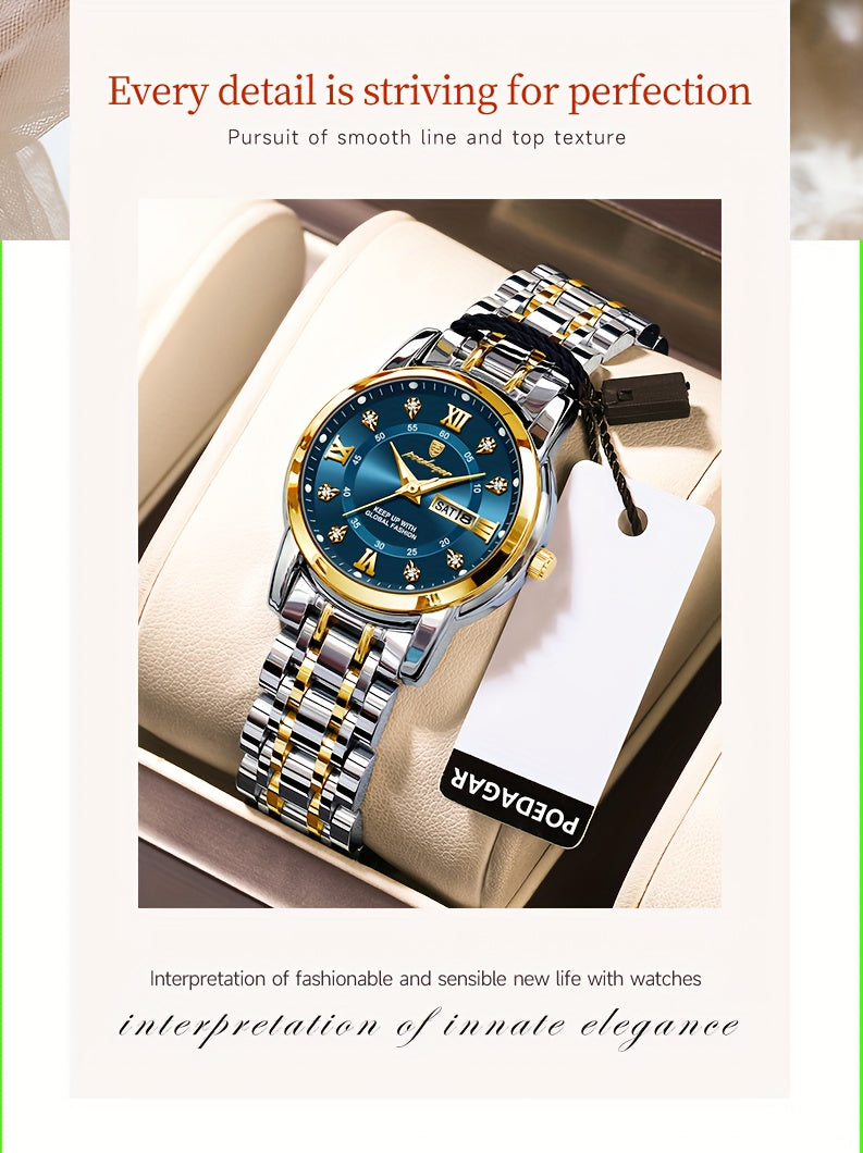 POEDAGAR Elegant Stainless Steel Quartz Watch for Women, Luminous Calendar, Round Alloy Case, Trendy Korean Style, Non-Rechargeable Battery, Watch Accessories