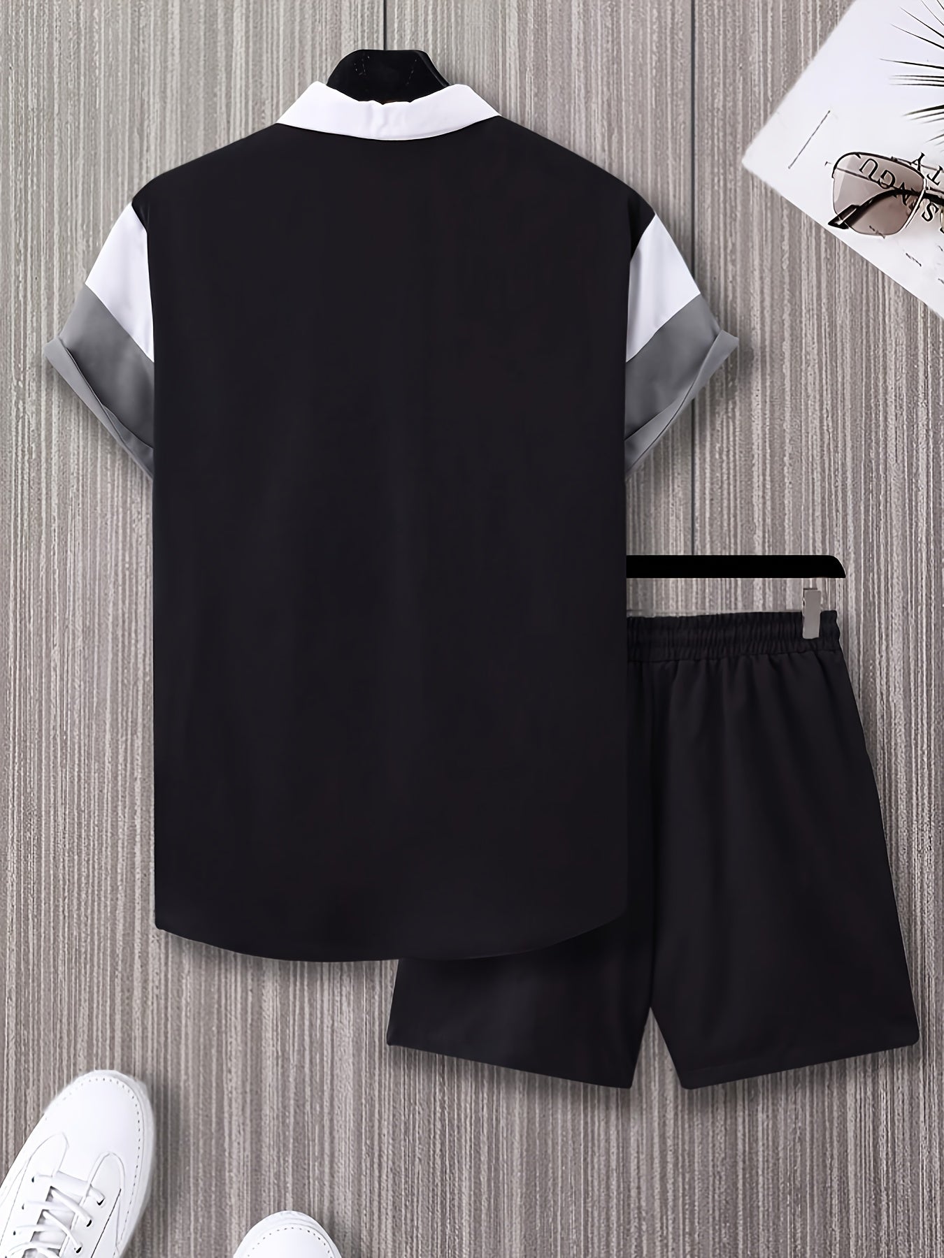 Men'S Letter Color Block Short Sleeve Shirt Shorts Casual Suit 2pcs Set