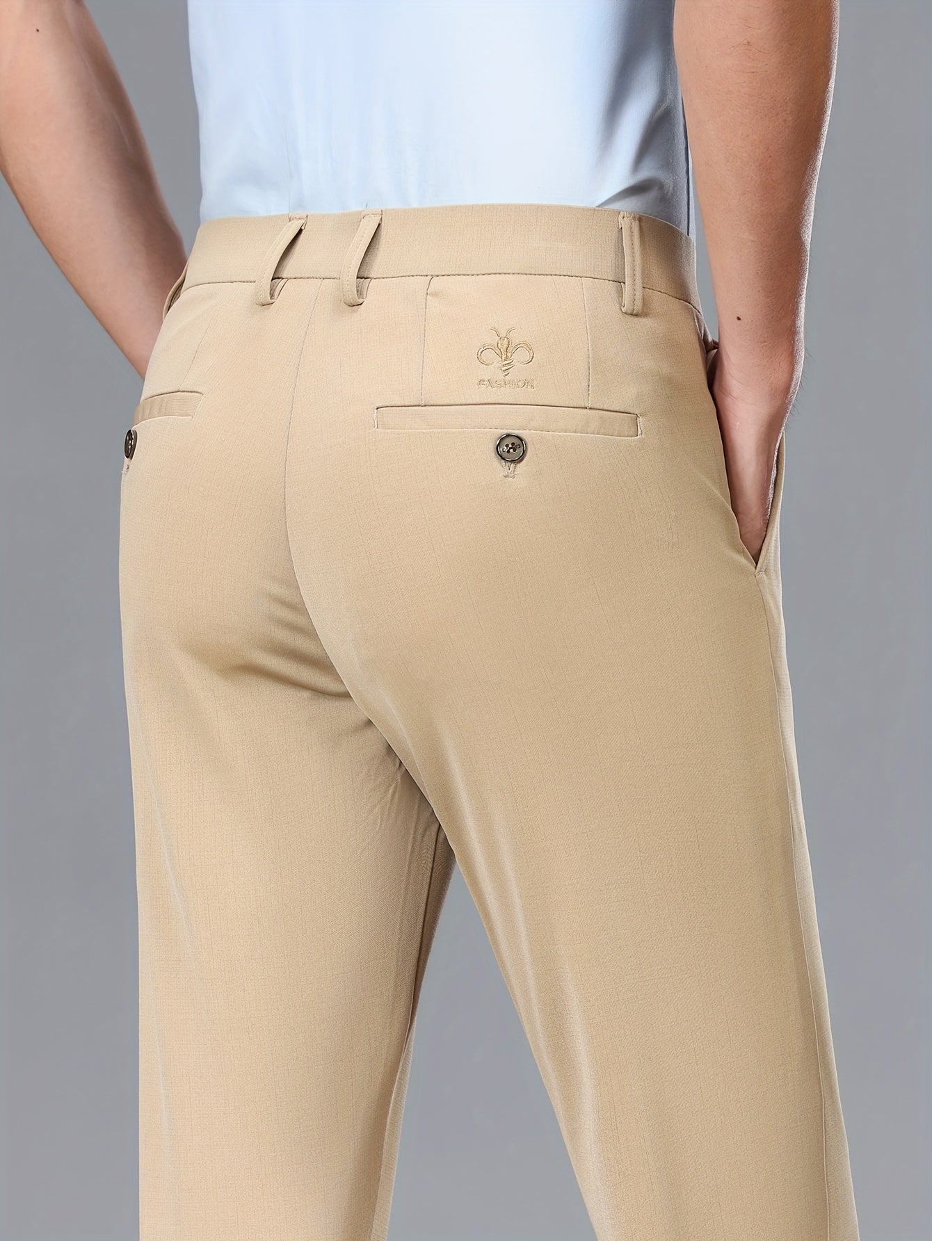 Men's Stretch Dress Pants, Beige with Embroidered Logo - Straight Fit, Wrinkle-Resistant, Polyester Blend, Ideal for Business Casual or Formal Occasions, Allseason Wear|Straight Cut Pants|Stretch Fabric