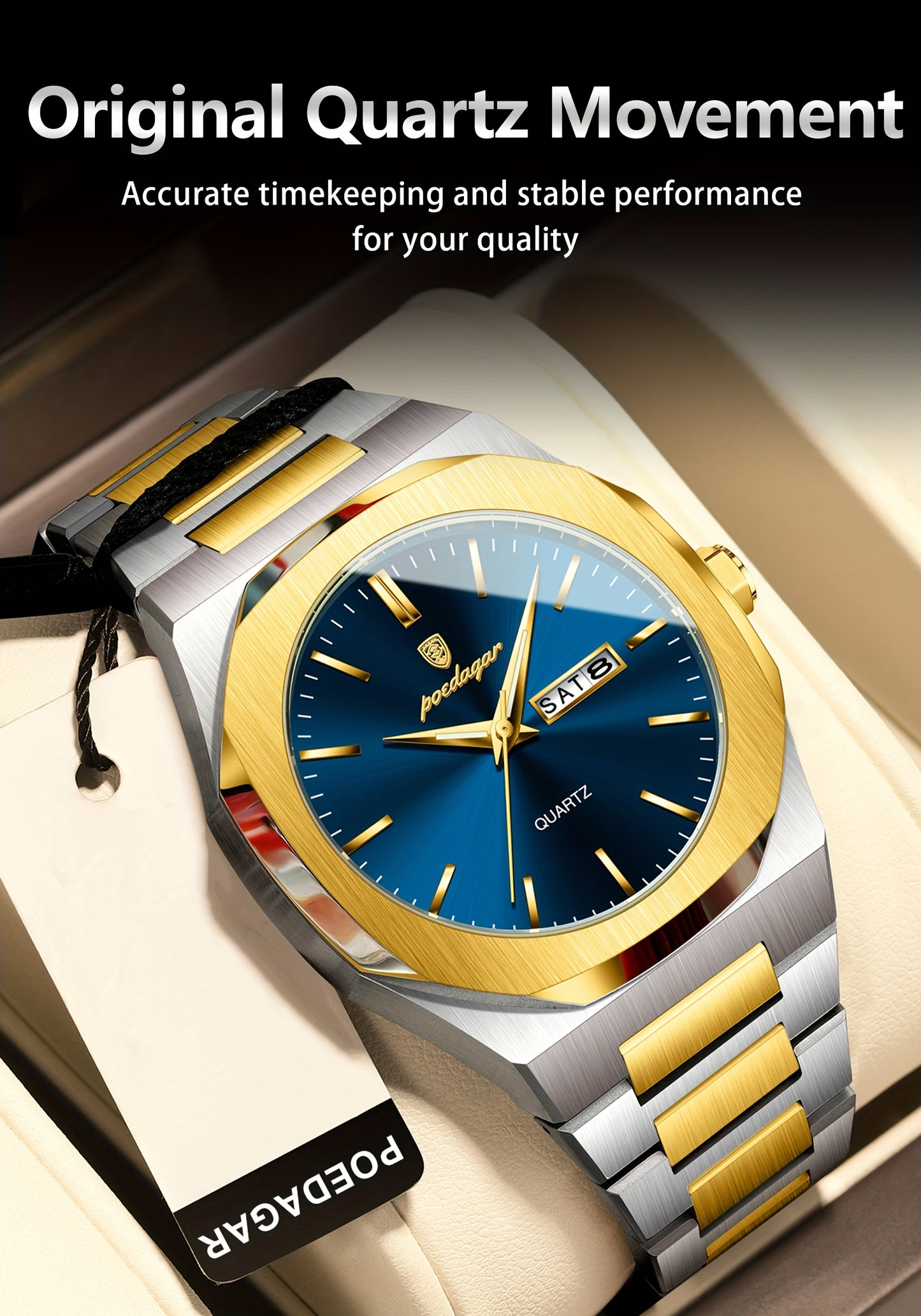POEDAGAR Men'S Luxury Quartz Watch - Waterproof, Luminous Calendar, Stainless Steel Band, Business Style, Blue & Golden Accents, 3ATM, Non-Rechargeable Button Battery, Perfect for Spring Festival & Valentine'S Day Gifts