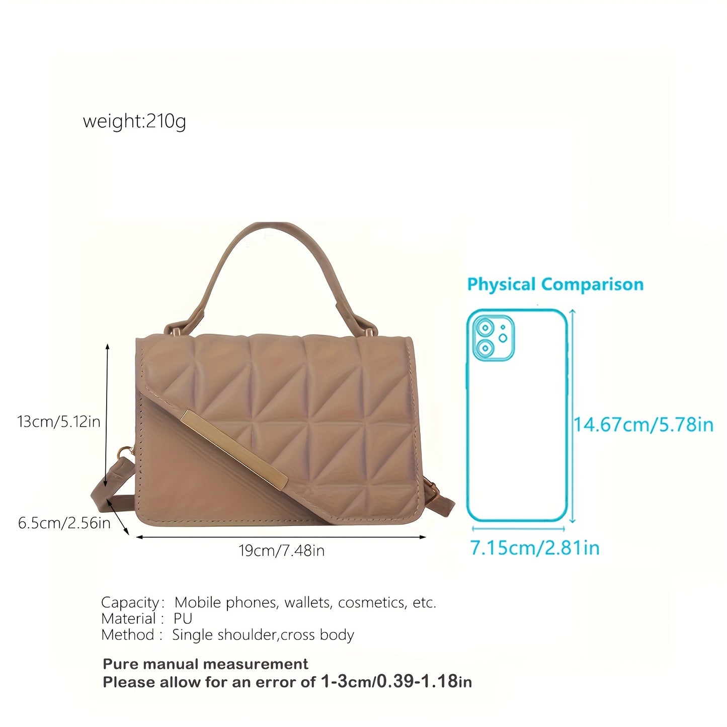 Diamond Quilted Pattern, Adjustable Shoulder Strap Fashion Small PU Crossbody Bag - White, Black, Khaki, Sky Blue, Messenger Bag, Lightweight, Removable Strap, Zipper Closure, Polyester Lining, No Printing, No Edge Paint