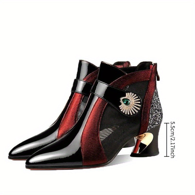 Geometric Pattern Sexy Heeled Sandals, Pointed Toe Zipper Closure, Mid Block Heel, Polyurethane Upper/Inner, Rubber Sole, Non-Washable - Fashionable Hollow Out Mesh Boots for Spring/Summer