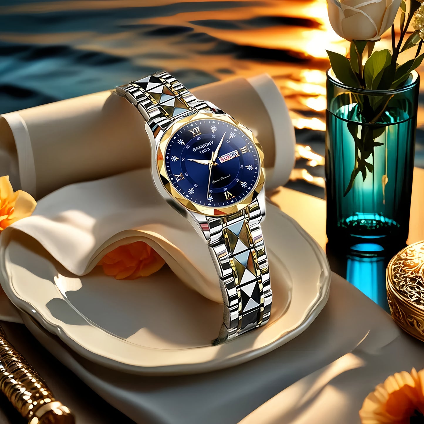 1pc Elegant BANBONY Stainless Steel Women'S Watch with Sparkling Rhinestones, Double Calendar, Glow-in-the-Dark Display, Waterproof - Ideal Gift for Birthdays, Anniversaries, and Special Occasions, Luxury Accessory | Elegant