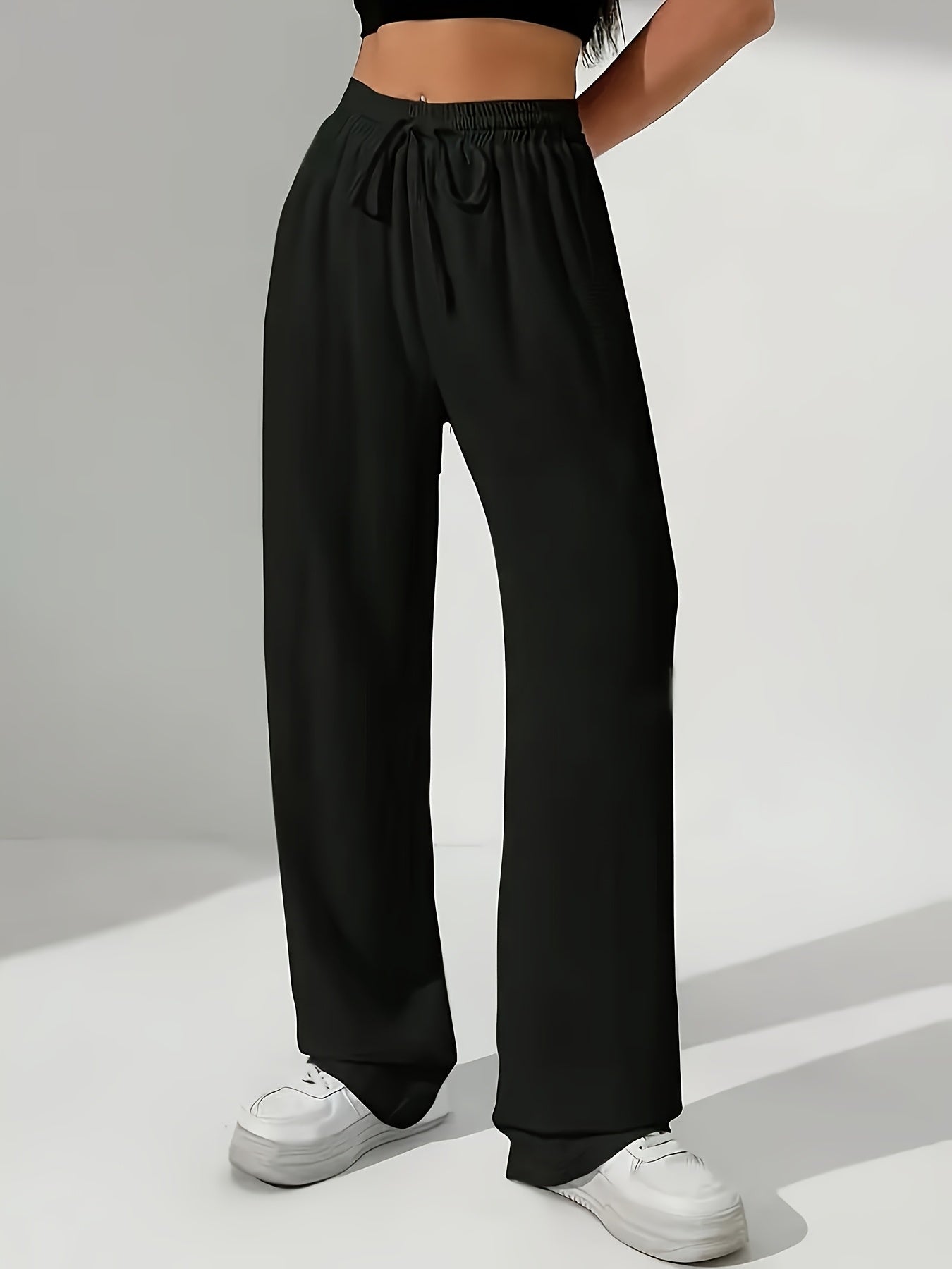 Women'S Stylish Black Wide-Leg Pants with Elastic Waistband - Casual All-Season Drawstring Pockets, Perfect for Weekends and Casual Attire, Casual Attire Pants|Wide Leg Fashion|Elastic Waistband Pants