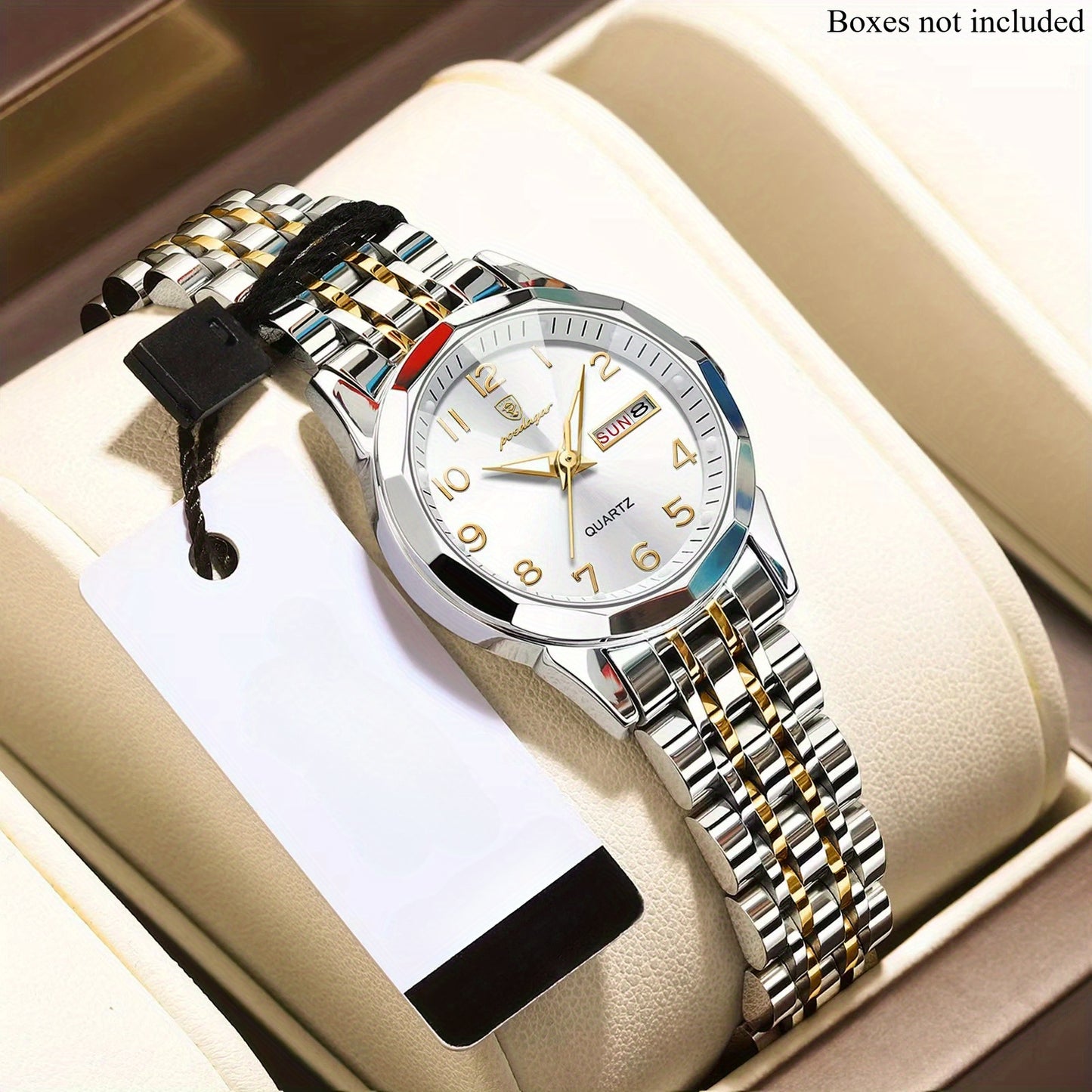 Elegant Women'S Quartz Watch with Date Display - Waterproof, Durable Zinc Alloy Case & Stainless Steel Band, Golden-Tone Dial, Ideal for Casual Attire & Gifting, Waterproof Watch | Elegant Timepiece | Quartz Movement