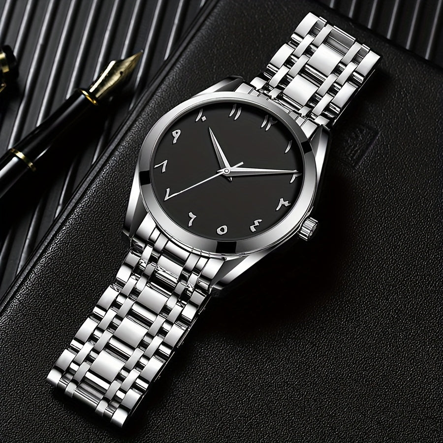 Men's Casual Arabic Numerals Quartz Watch - Scratch-Resistant HD Dial, IPX7 Waterproof, Stainless Steel Strap, Black & Golden Accents - Perfect Gift for Birthdays, Holidays & Family Reunions, Reliable Timepiece, Contemporary