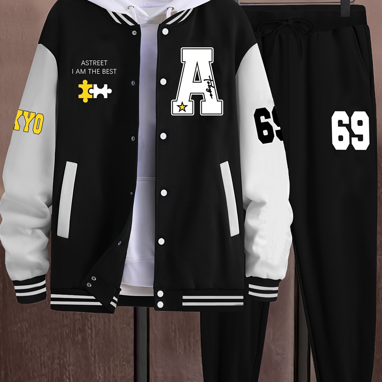 Athleisure Essential, Men's Casual 69pcs Set: Color Block Varsity Jacket & Joggers with A-69 Print - Polyester, Baseball Collar, Pockets - Perfect for Fall/Winter