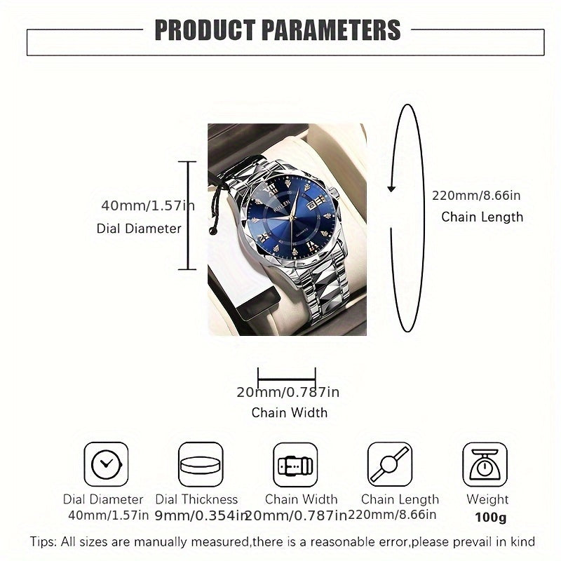 Men's Stylish Business Quartz Watch with Stainless Steel Strap & Alloy Case, Round Blue Dial with Golden Accents – Elegant Analog Display for Formal Occasions, Valentine's Day, Thanksgiving, and Ramadan Gifts