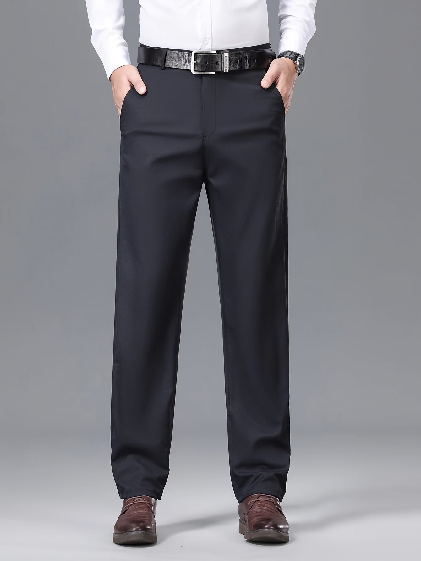 1pc Men'S Spring/Fall Light Business Casual Straight Leg Pants, 100% Polyester, Solid Color, Slight Stretch, Mid Waist, Regular Fit, Zipper Fly, Woven, No Lining - Versatile for Work and Casual Occasions
