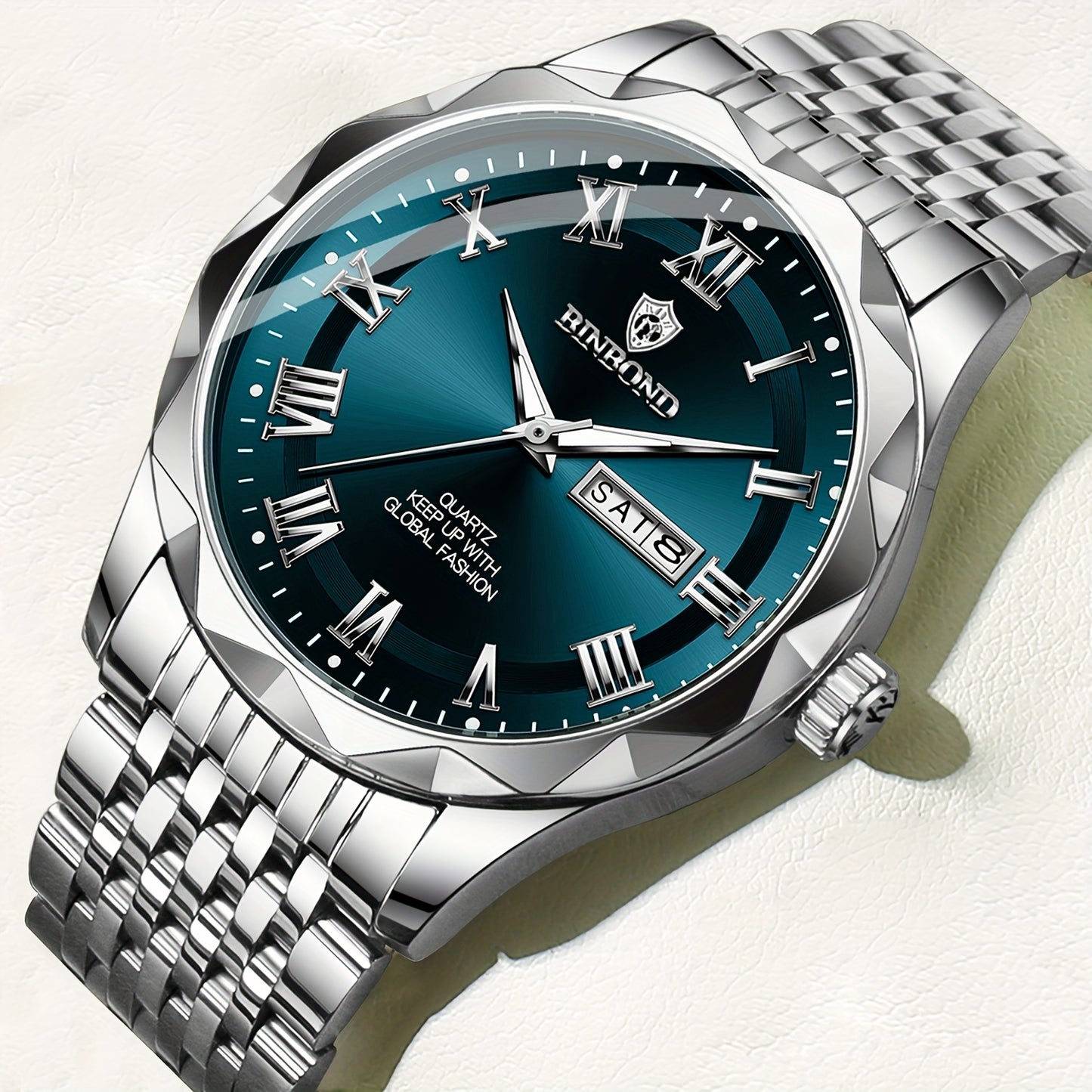 BINBOND Men'S Quartz Watch - Waterproof, Stainless Steel, Luxury Business Style with Stopwatch & Date Display, Blue & Silvery Dial, Electronic Movement, IP67 Rating, Elegant Male Wristwatch for Professional or Casual Wea
