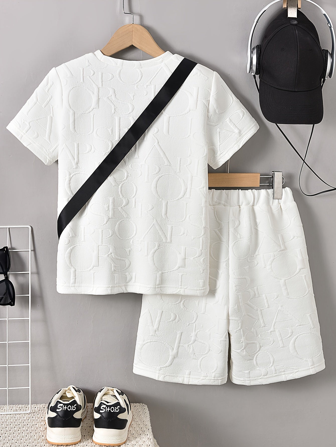 Boys' Stylish White Short Sleeve T-Shirt + Casual Shorts + Fashion Crossbody Bag Set, Perfect for Outdoor
