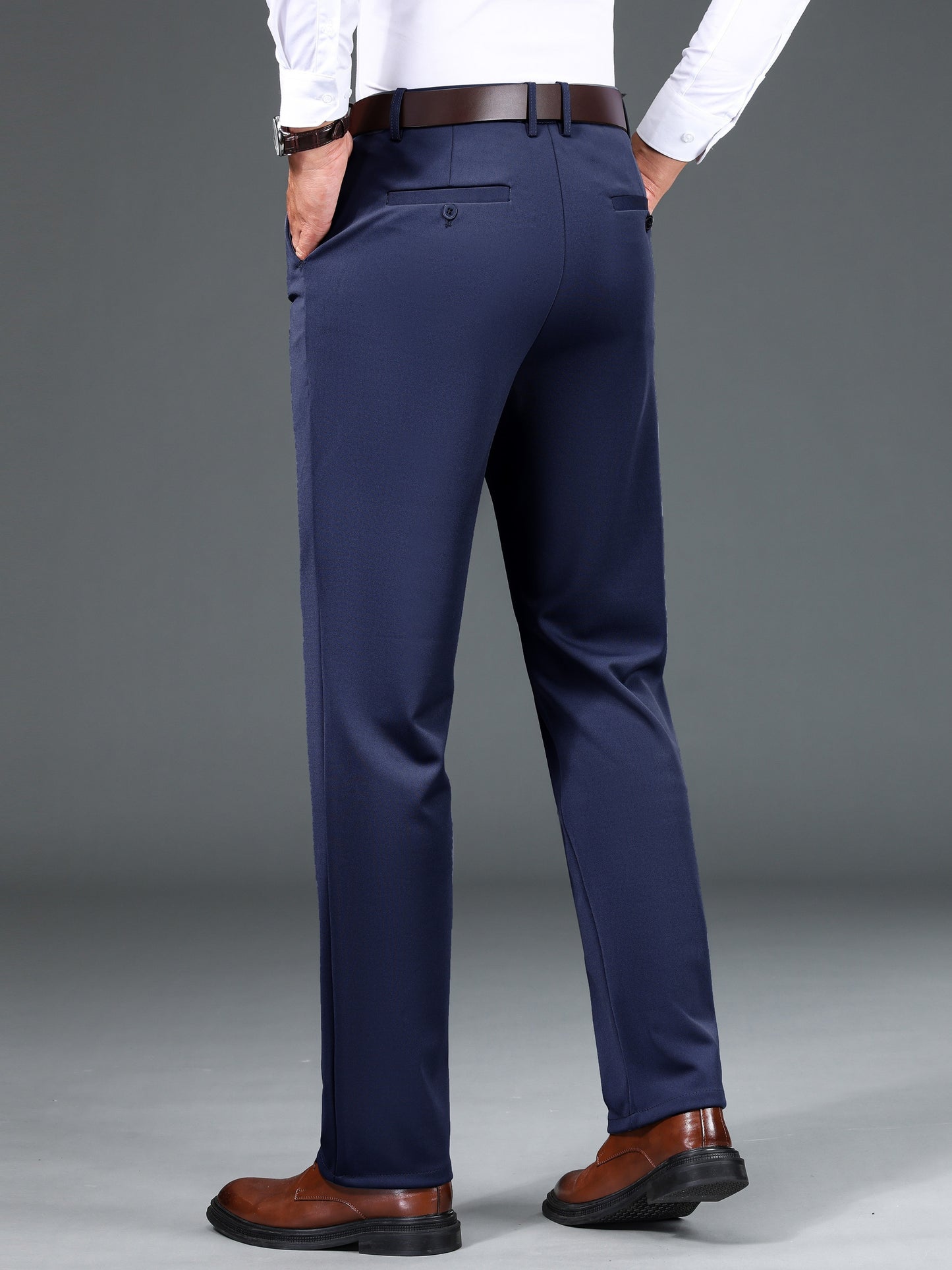 1pc Men'S Warmth Business Casual Pants, Fall/Winter Fleece-Lined Thickened Straight-Leg Trousers with Slant Pockets, Solid Color Knit Fabric Regular Fit Dress Pants with Zipper Closure, Medium Stretch Polyester