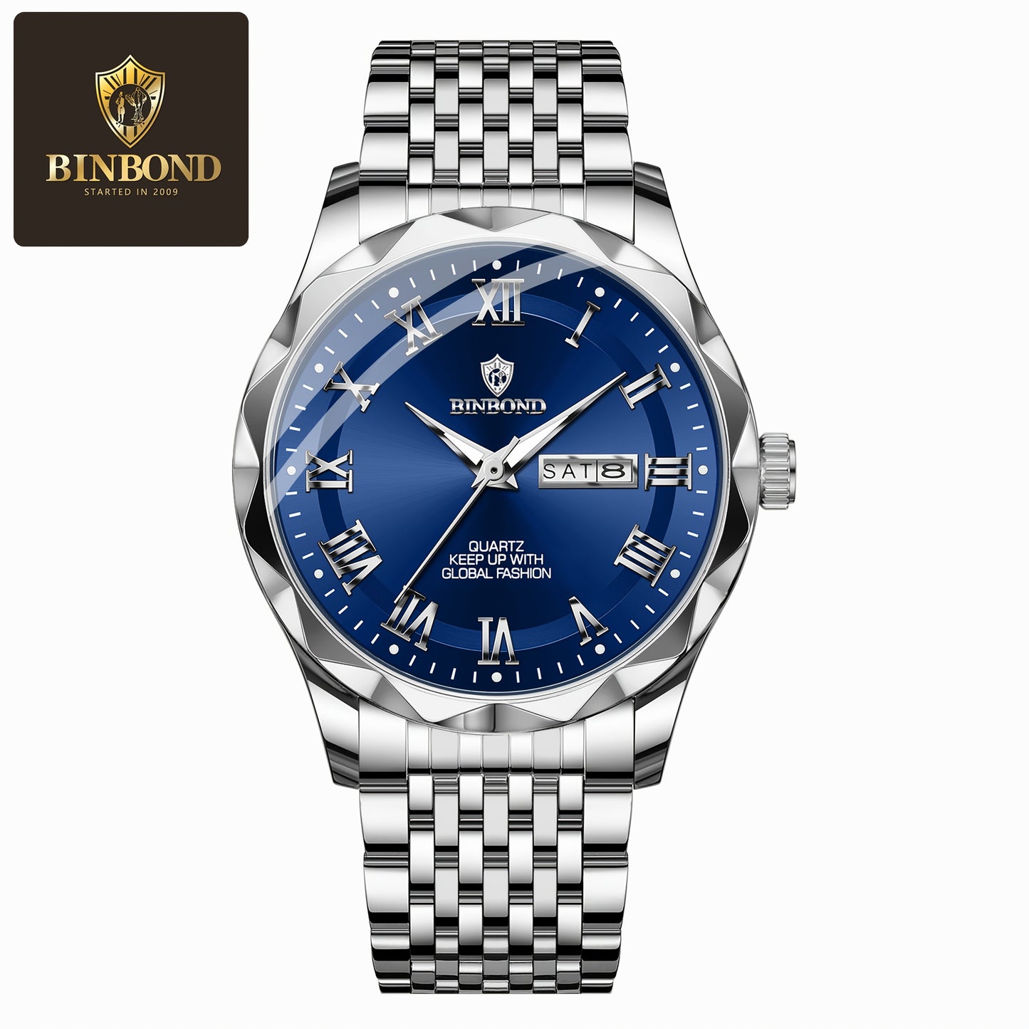 BINBOND Men'S Quartz Watch - Waterproof, Stainless Steel, Luxury Business Style with Stopwatch & Date Display, Blue & Silvery Dial, Electronic Movement, IP67 Rating, Elegant Male Wristwatch for Professional or Casual Wea