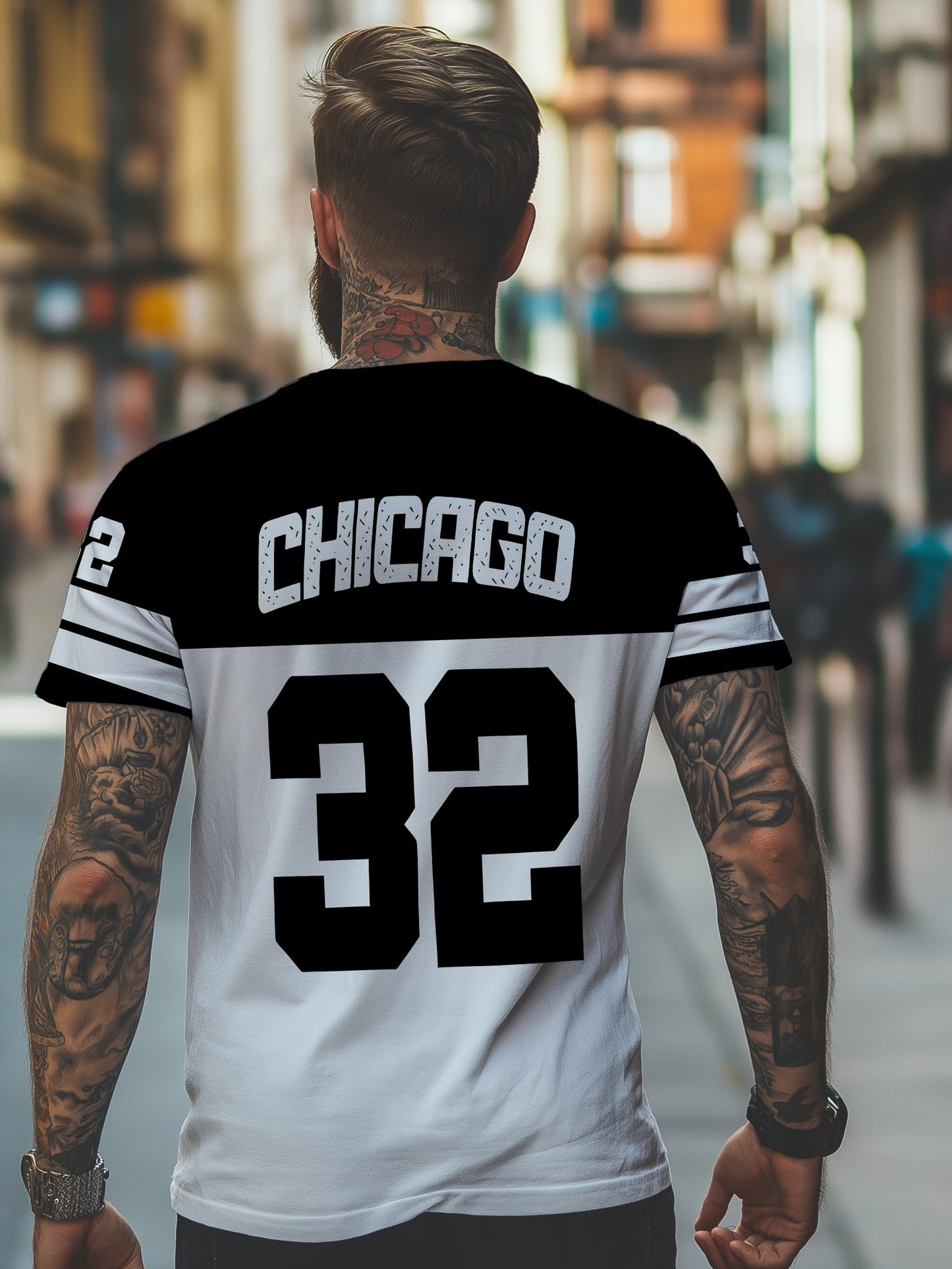 OBM Men's Chicago 32 Graphic Print T-Shirt - 100% Polyester Casual Short Sleeve Tee with Bold Numerals, Machine Washable Summer Streetwear Top, Chicago T Shirt, Urban Style, Sporty Look, Durable Material, Urban Lifestyle