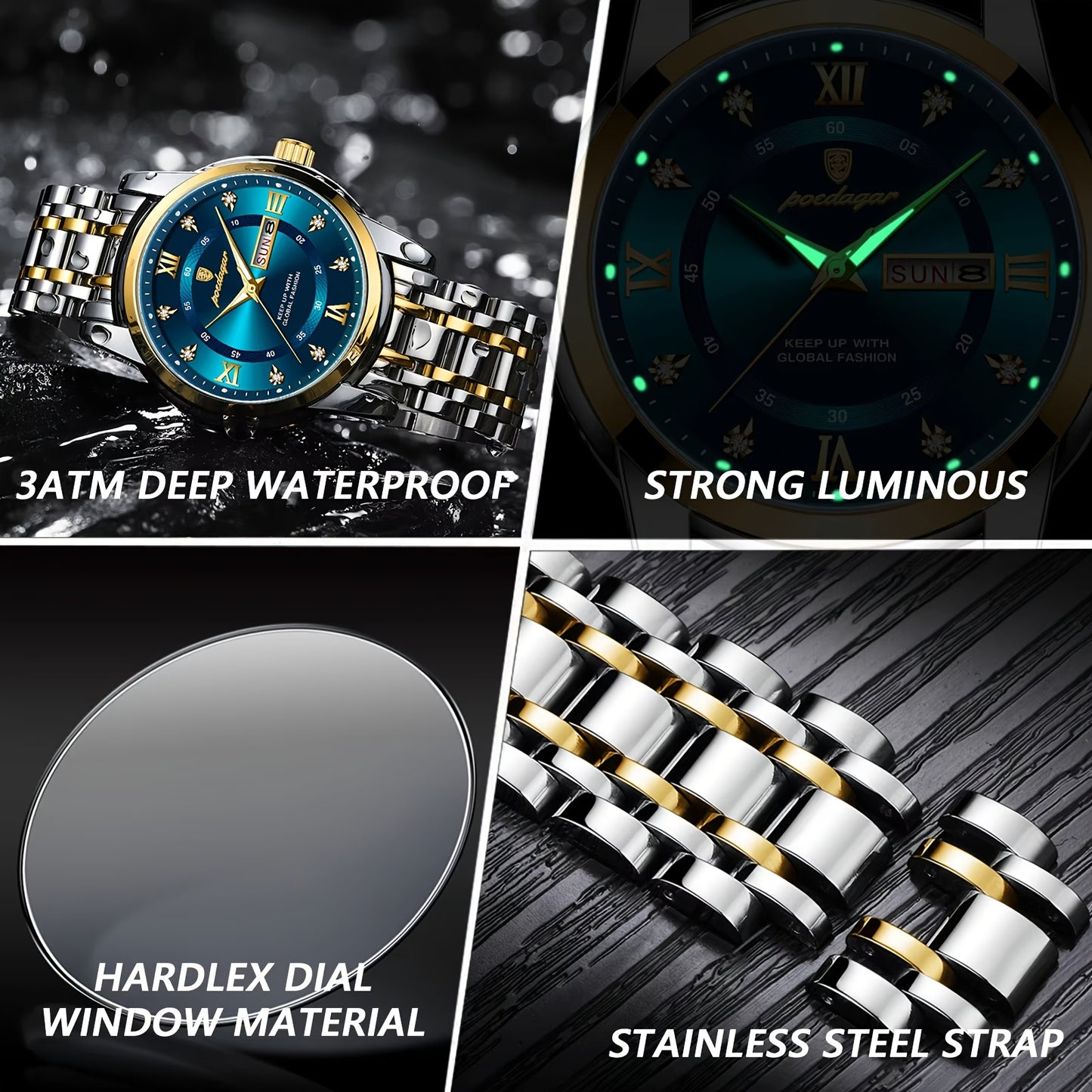 POEDAGAR Men&Women&Apos;S Calendar Week Luminous Stainless Steel Watch - Trendy Casual Quartz Wristwatch with Blue Dial, Roman Numerals, And Date Display, Ideal Gift for Sports Enthusiasts, Casual Wear Watch | Trendy Casual W