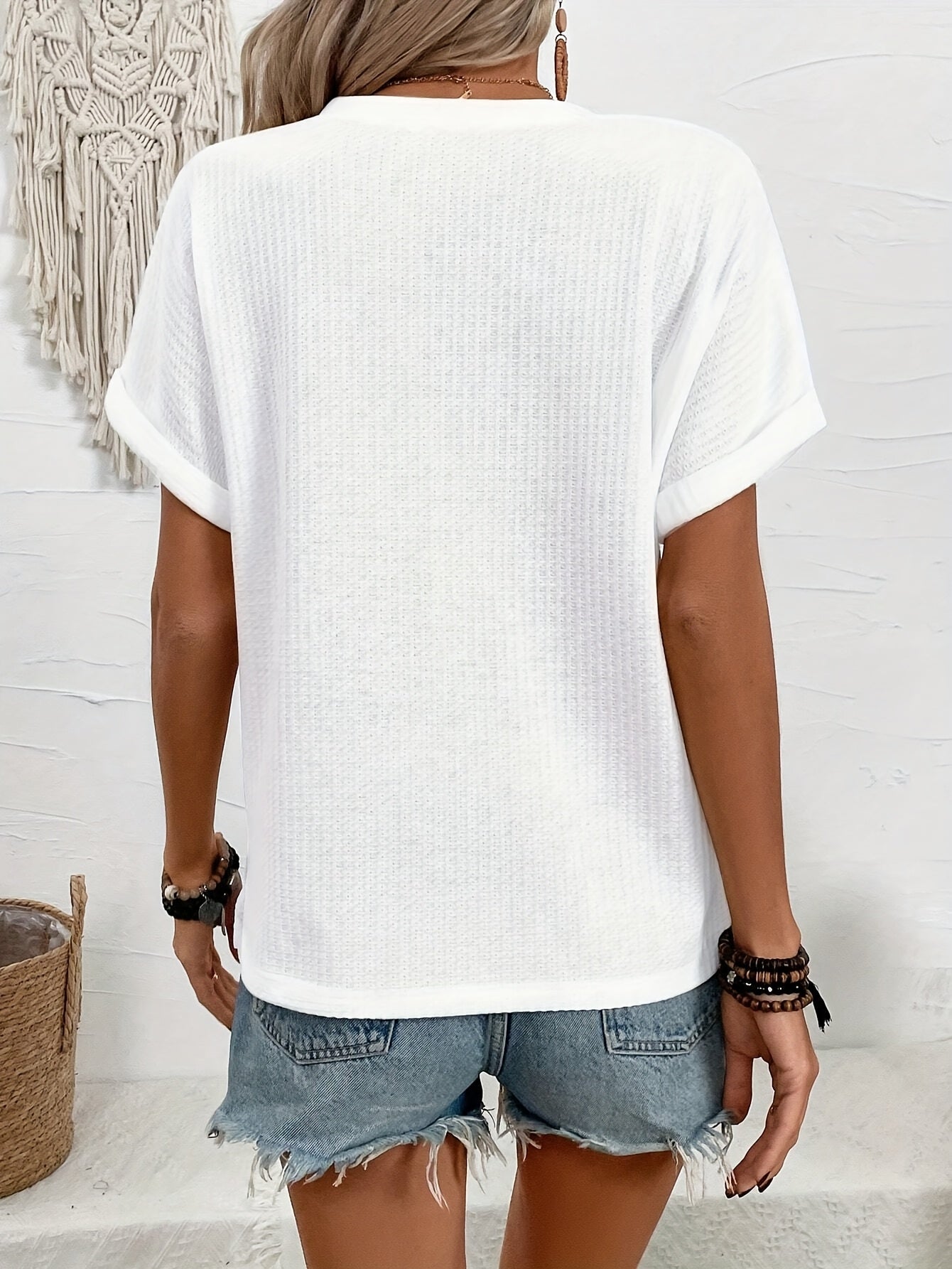 Women'S Summer Notched V-Neck Button-Up Casual T-Shirt - White, Short Sleeve, Casual Style, Casual Summer Wear|Vneck Tshirt|Short Sleeve Shirt