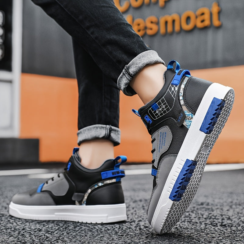 Men's Skate Shoes with Good Grip & Breathable Design - PU Upper, Cushioned PVC Sole, Black/Blue Letter Pattern Lace-Up Sneakers for All-Season Casual & Sports Wear, Allseason Shoes | Modern Casual Shoes | Comfortable Wear