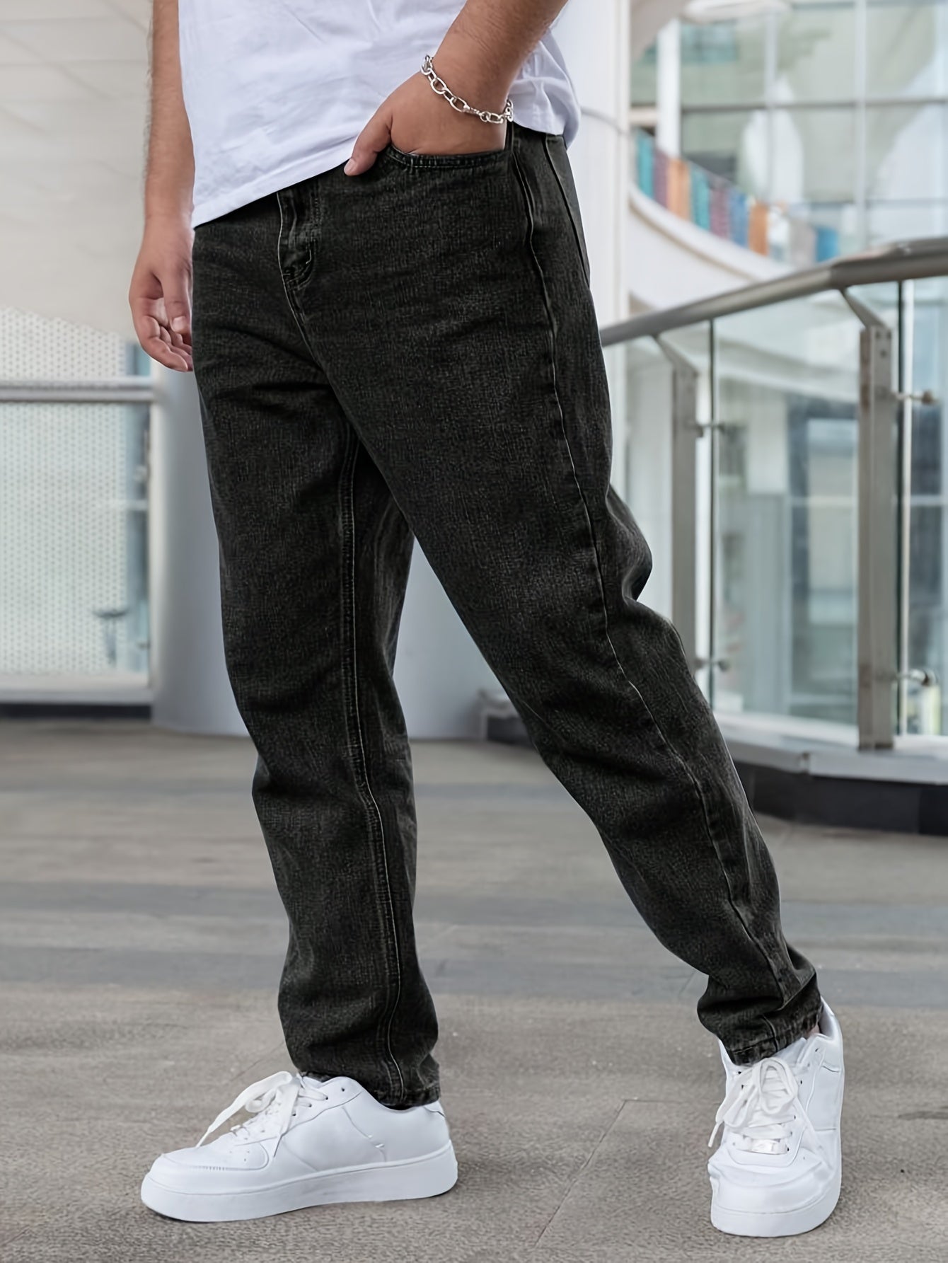 Men'S Loose-Fit Jeans, Cotton Blend Street Style Denim Pants, Non-Stretch Solid Color, Regular Length, with Multiple Pockets for All-Season Wear