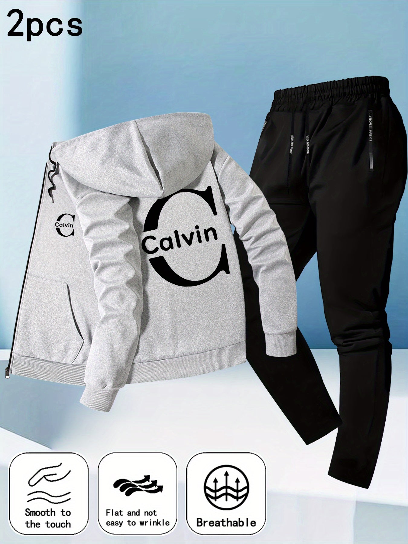 Men's Trendy Autumn-Winter Hooded Jacket Set with Calvin Print, Casual Youth Sportswear Outfit