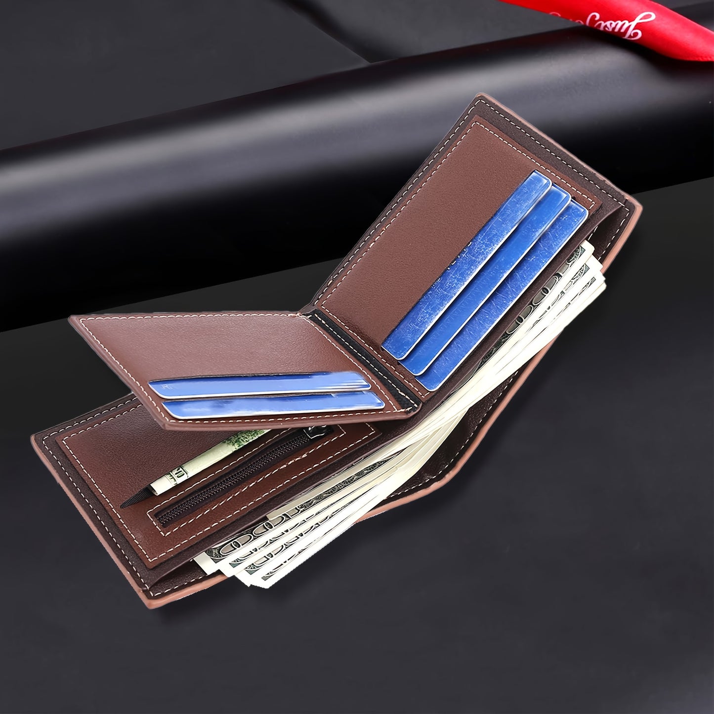 Men's Vintage-Style Black Faux Leather Wallet with Zipper - Multiple Card Slots, Multi-Functional ID Holder