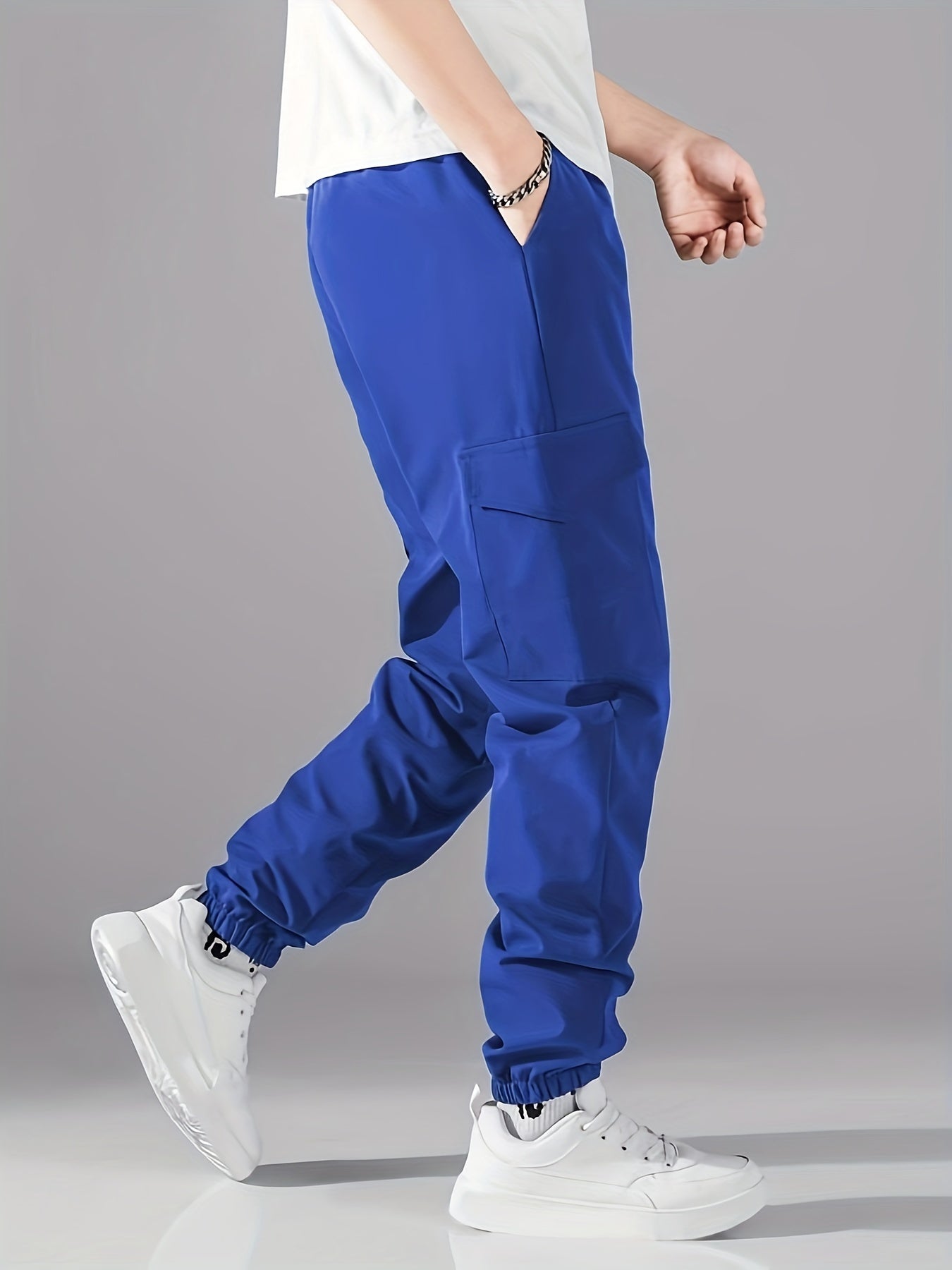 Men's Casual Athletic Cargo Pants - Solid Color, Polyester, Machine Washable with Multiple Pockets