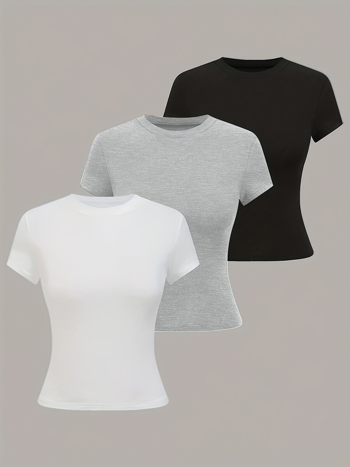 3pcs Women'S Basic Crew Neck Short Sleeve Crop T-Shirts in Black, White, and Gray - Slim Fit, Stretchy Polyester Blend, Cute & Versatile for Spring/Summer, Casual Outings, Vacation Attire | Basic Crop Top | Textur