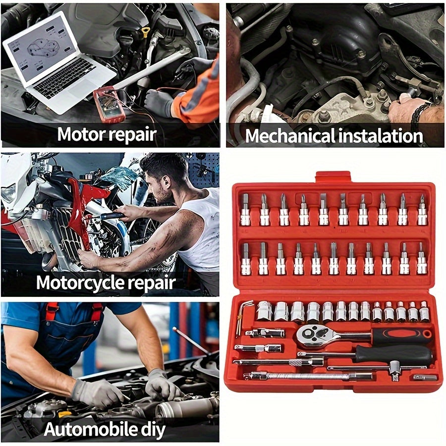 Mechanical Tool Set, Multifunctional Car Repair Toolbox, Suitable for Cars, Bicycles, Motorcycles and 1/2" 3/8" SAE & Metric Sizes Universal Wrench Kit Including Tooth Ratchet Wrenches, Household, Garage, Bicycle Trunk Specia