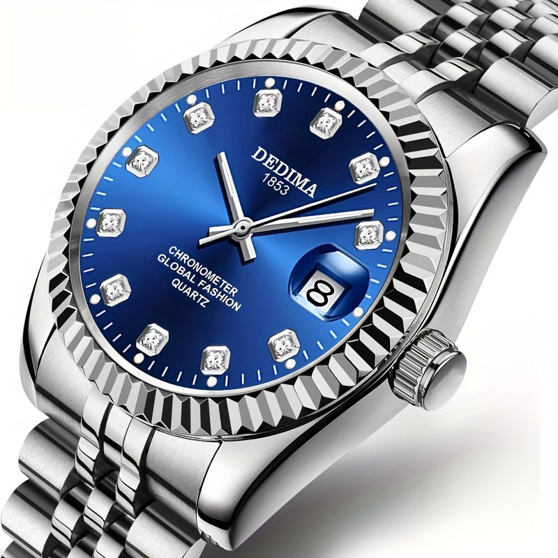 DEDIMA Elegant Stainless Steel Band Calendar Watch, Quartz Movement, Round Dial with Rhinestones, Battery-Powered, Non-Rechargeable Button Battery, Regular Cleaning, for Men, Women, Students, Christmas, Valentine'S Day, Thank