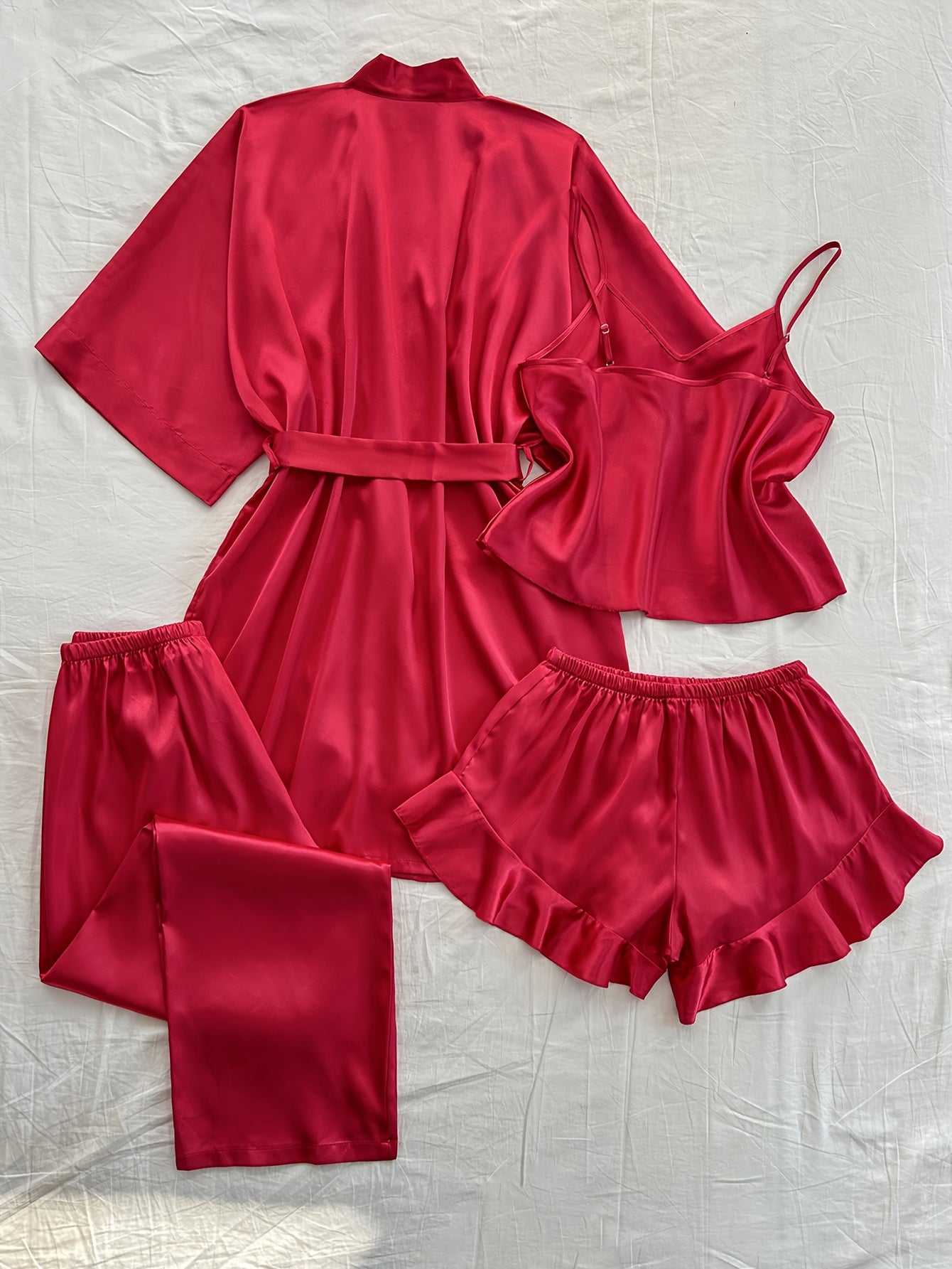Women'S All-Season V-Neck Pajama Set - Comfortable, Sexy, Polyester 4pcs Sleepwear with Tie Waist And Drawstring Shorts, Perfect for Autumn And Winter, Autumn Winter Sleepwear | Stylish Sleepwear | Polyester Fabric