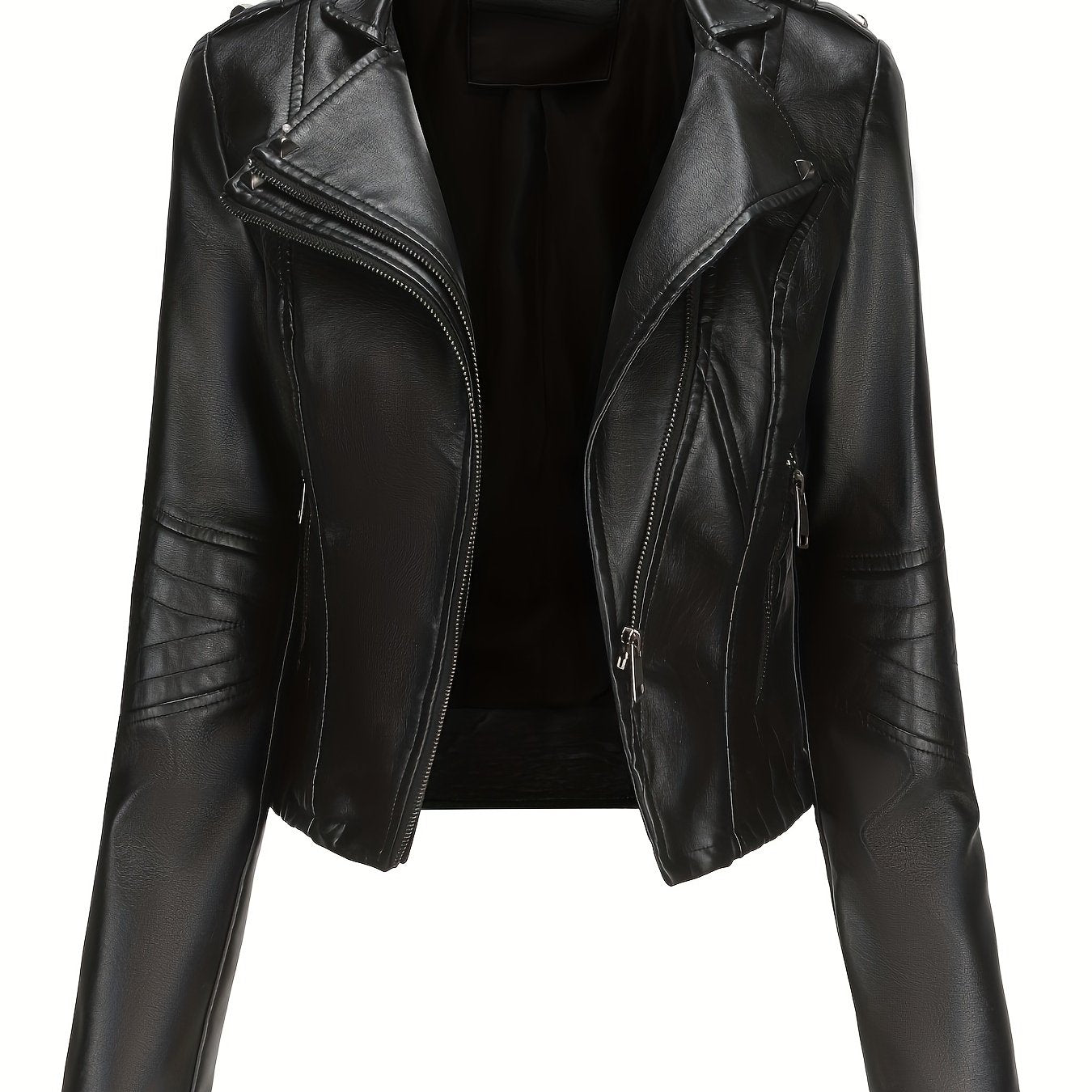 Women'S Casual Faux Leather Jacket, Solid Color, Long Sleeve, Regular Length, Fall/Winter, Zipper Placket, Woven, Non-Stretch Fabric, 100% Polyurethane, Lapel Collar, Dipped Hem Detail
