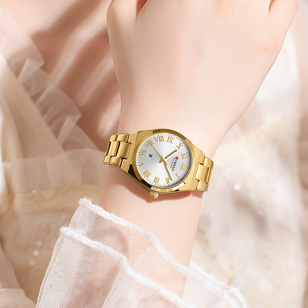 Fashionable Brand Of CURREN Ladies' Watches With A Casual And Simple Stainless Steel Strap, Featuring A Calendar And Quartz Movement.