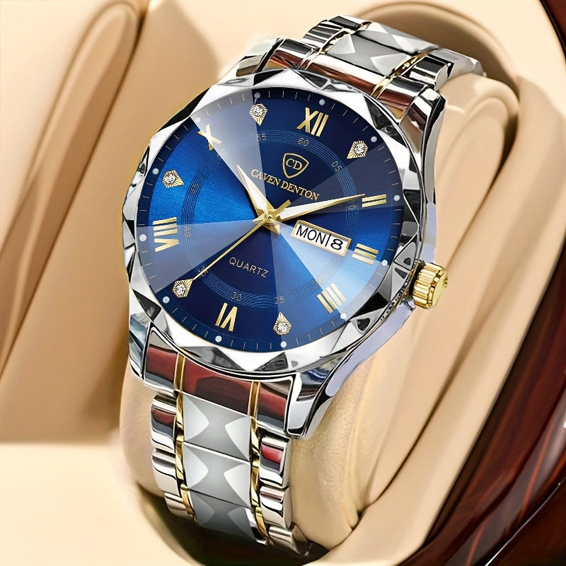 Men'S Quartz Business Watch with Rhinestone-Embellished Luminous Dial, Stainless Steel Strap & Case, Date & Day Display, IPX7 Water-Resistant - Ideal for Travel, Work, Outdoor - Perfect Gift for Birthdays, Holidays, Anniversa